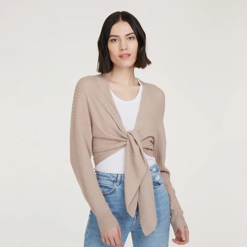 Tie Front Rib Cardigan in Fawn sold by Autumn Cashmere