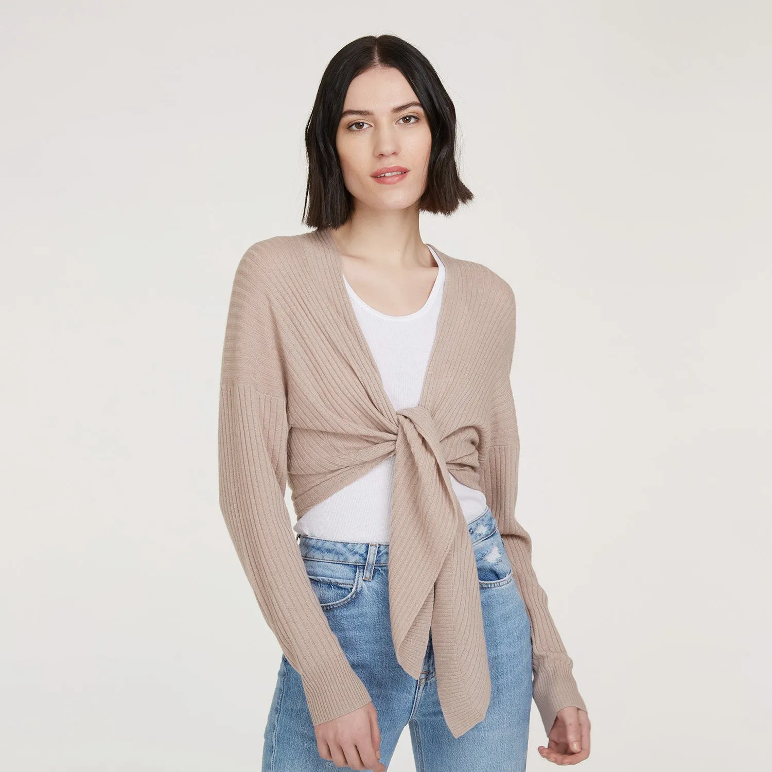 Tie Front Rib Cardigan in Fawn sold by Autumn Cashmere