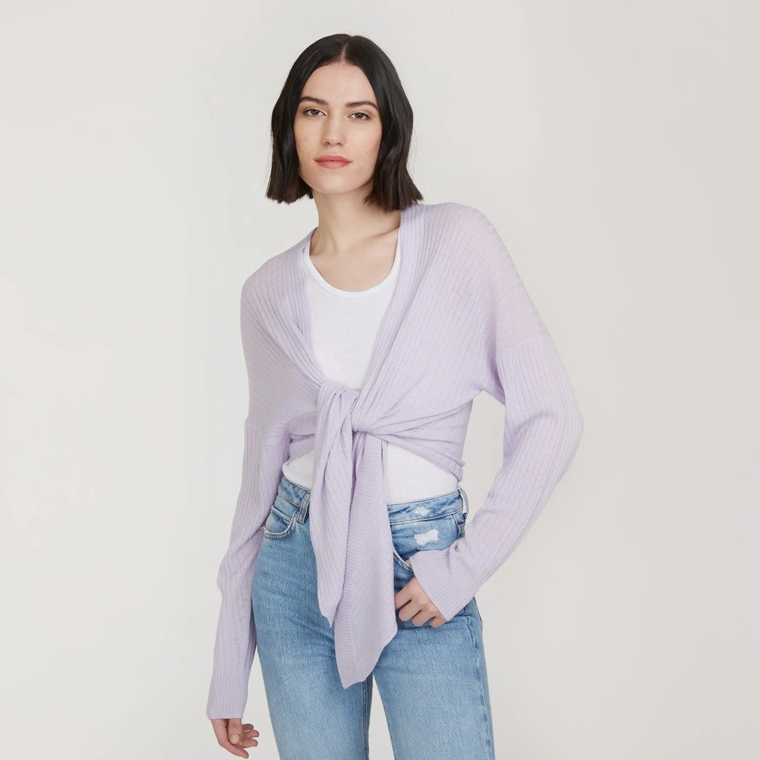Tie Front Rib Cardigan in Horizon sold by Autumn Cashmere