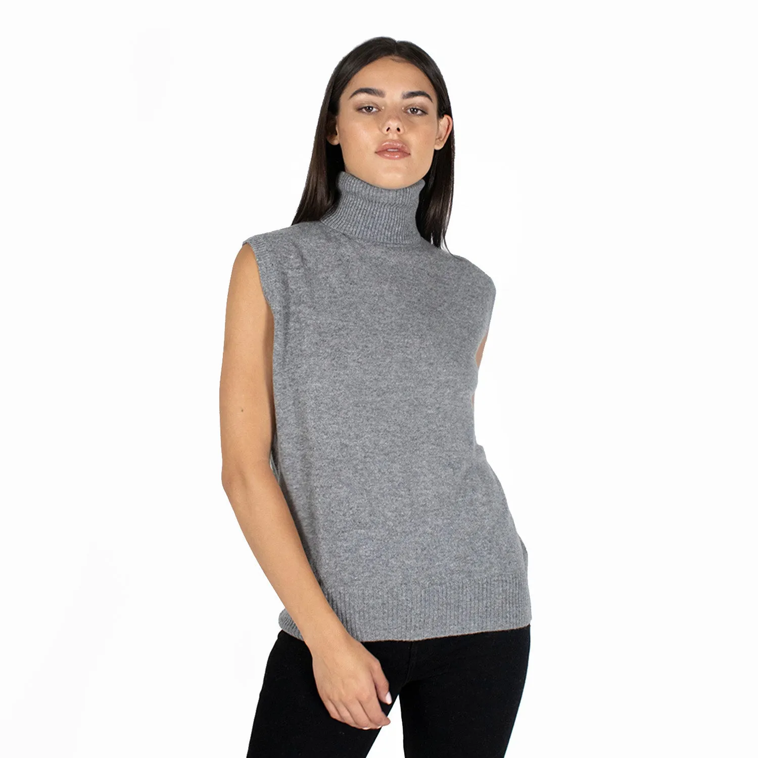 Relaxed Fit Sleeveless Turtleneck in Cement sold by Autumn Cashmere