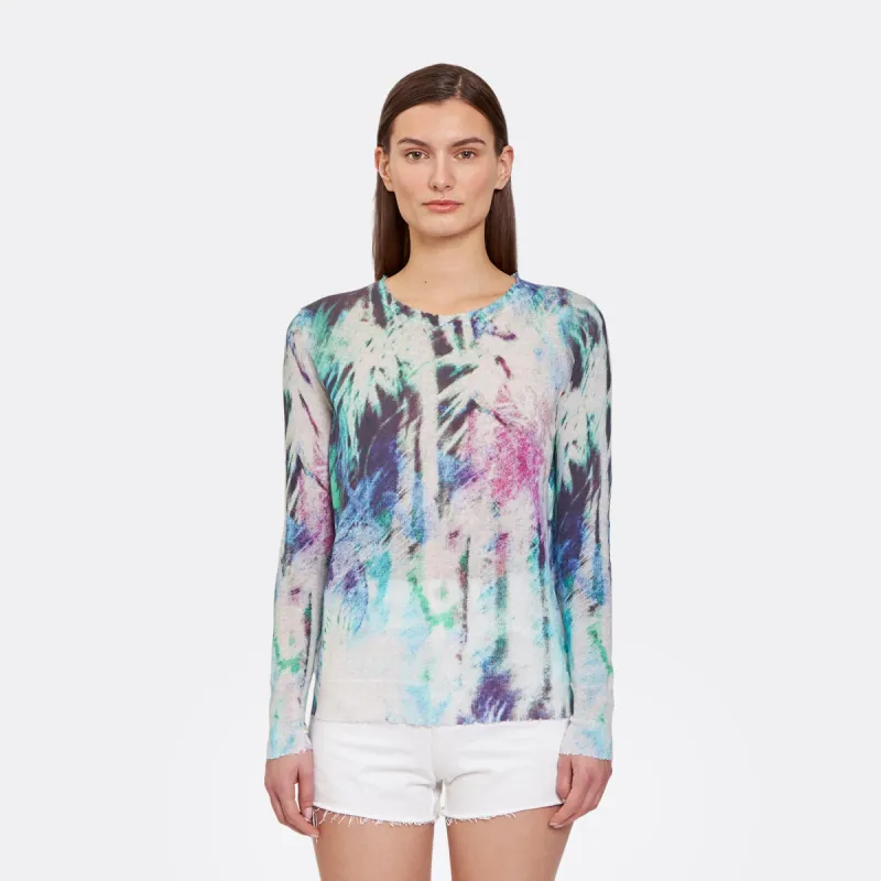 Distressed Crew w/Abstract Palm Print in Blue Combo sold by Autumn Cashmere