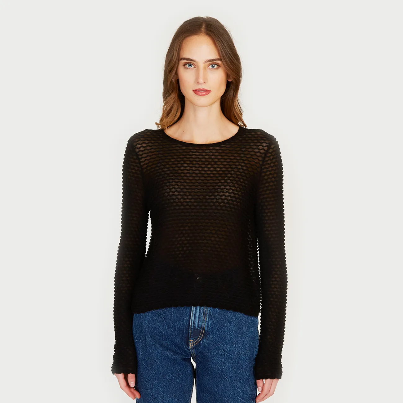 Shadow Diamond Pattern Crew in Black sold by Autumn Cashmere