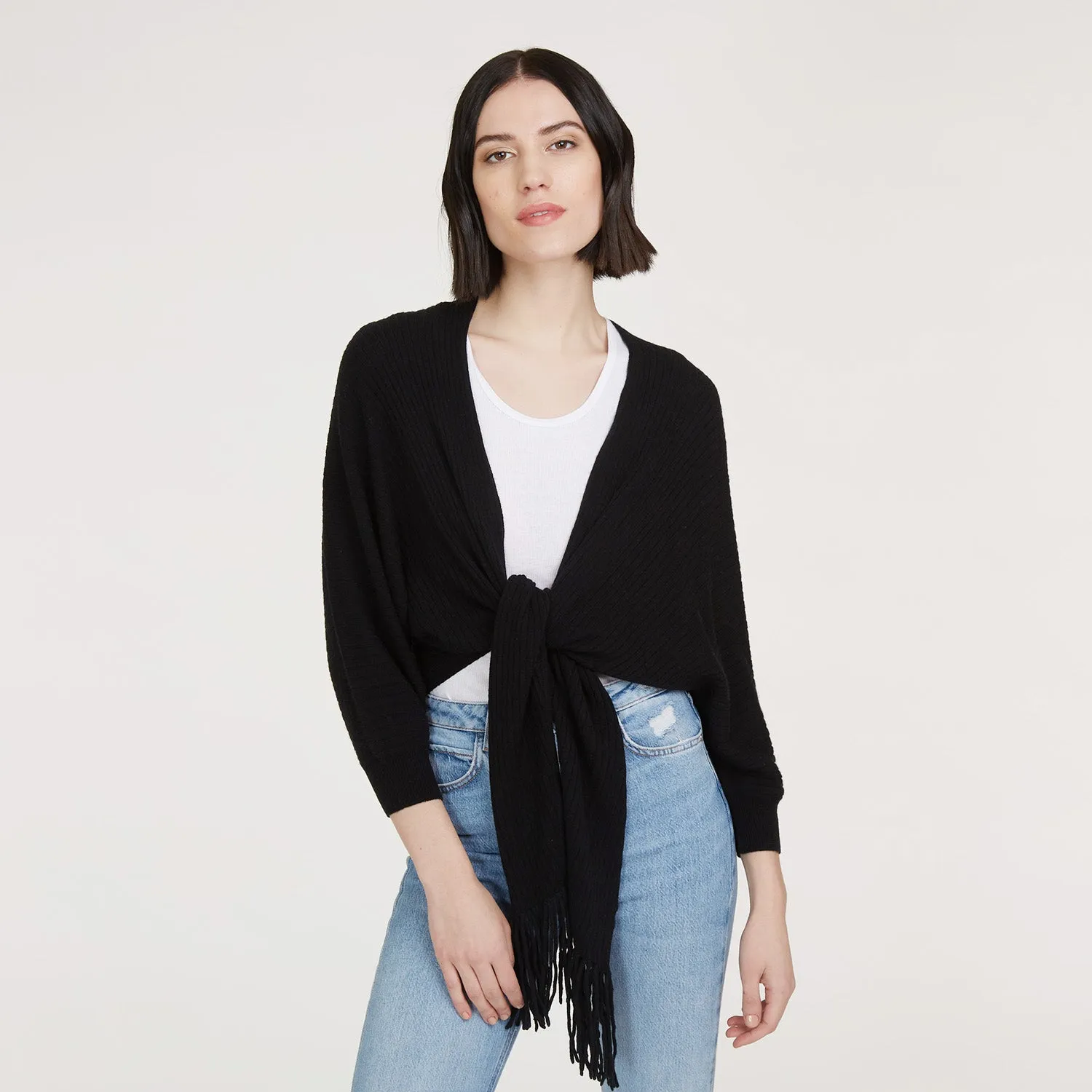Rib Fringed Tie Front Dolman in Black sold by Autumn Cashmere
