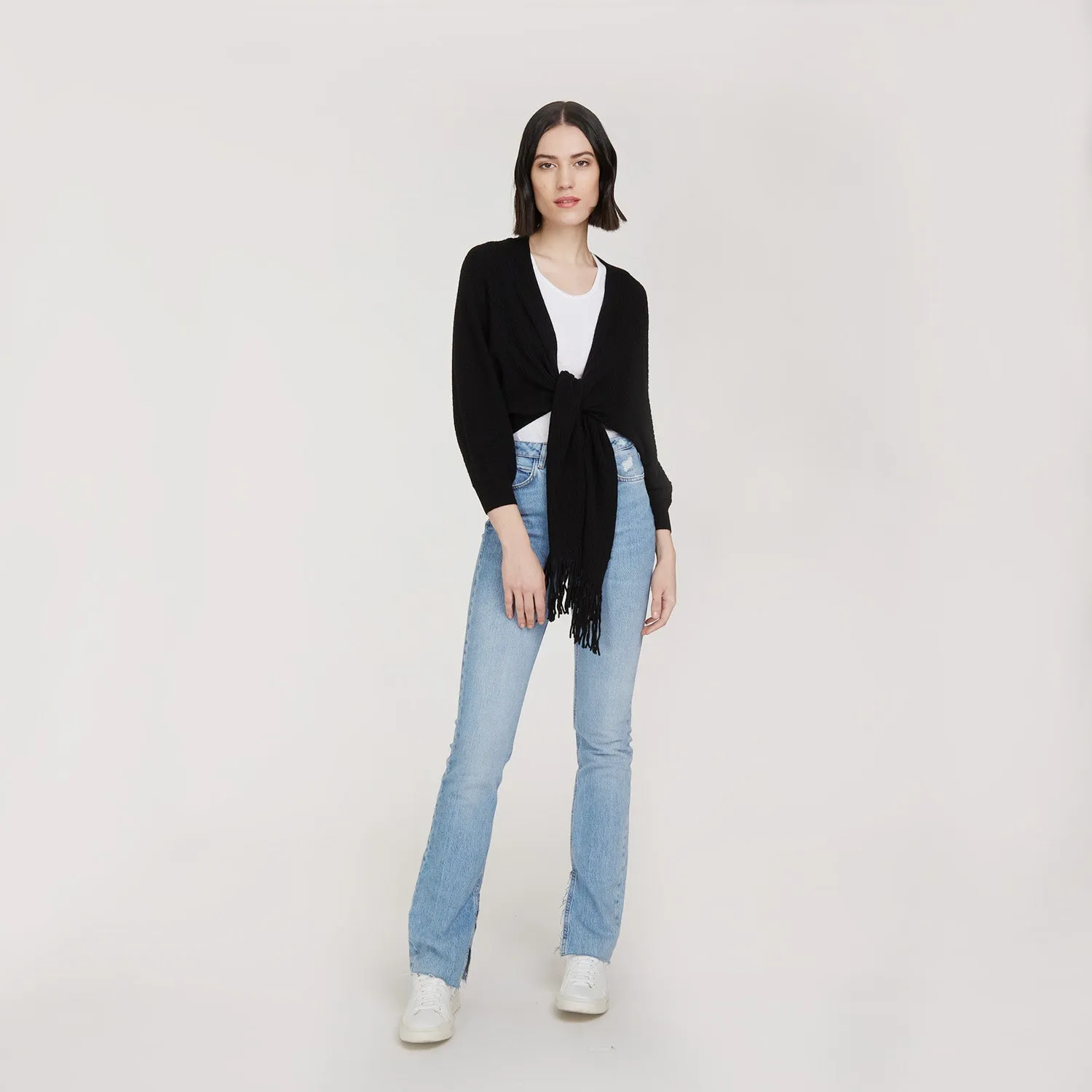 Rib Fringed Tie Front Dolman in Black sold by Autumn Cashmere product image thumbnail 5