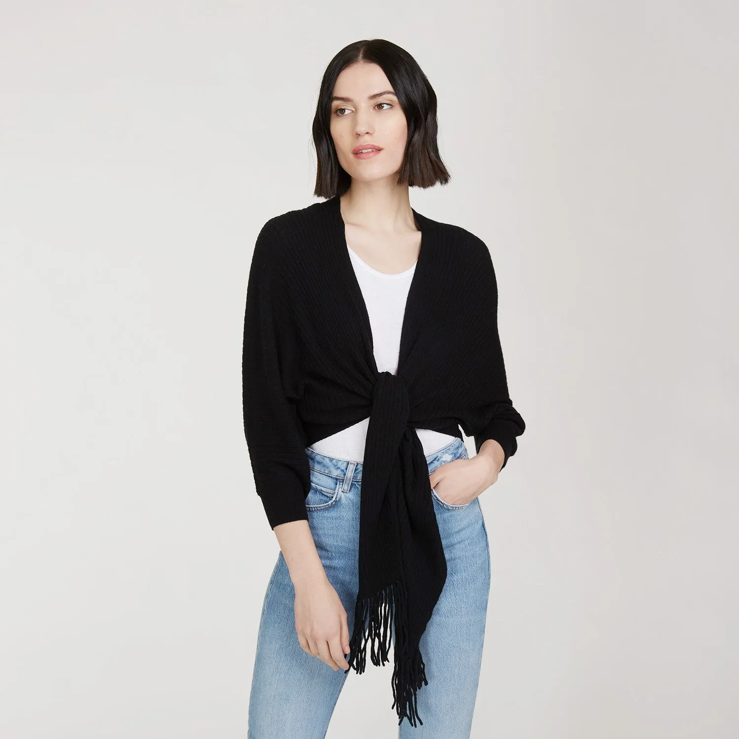 Rib Fringed Tie Front Dolman in Black sold by Autumn Cashmere product image thumbnail 3