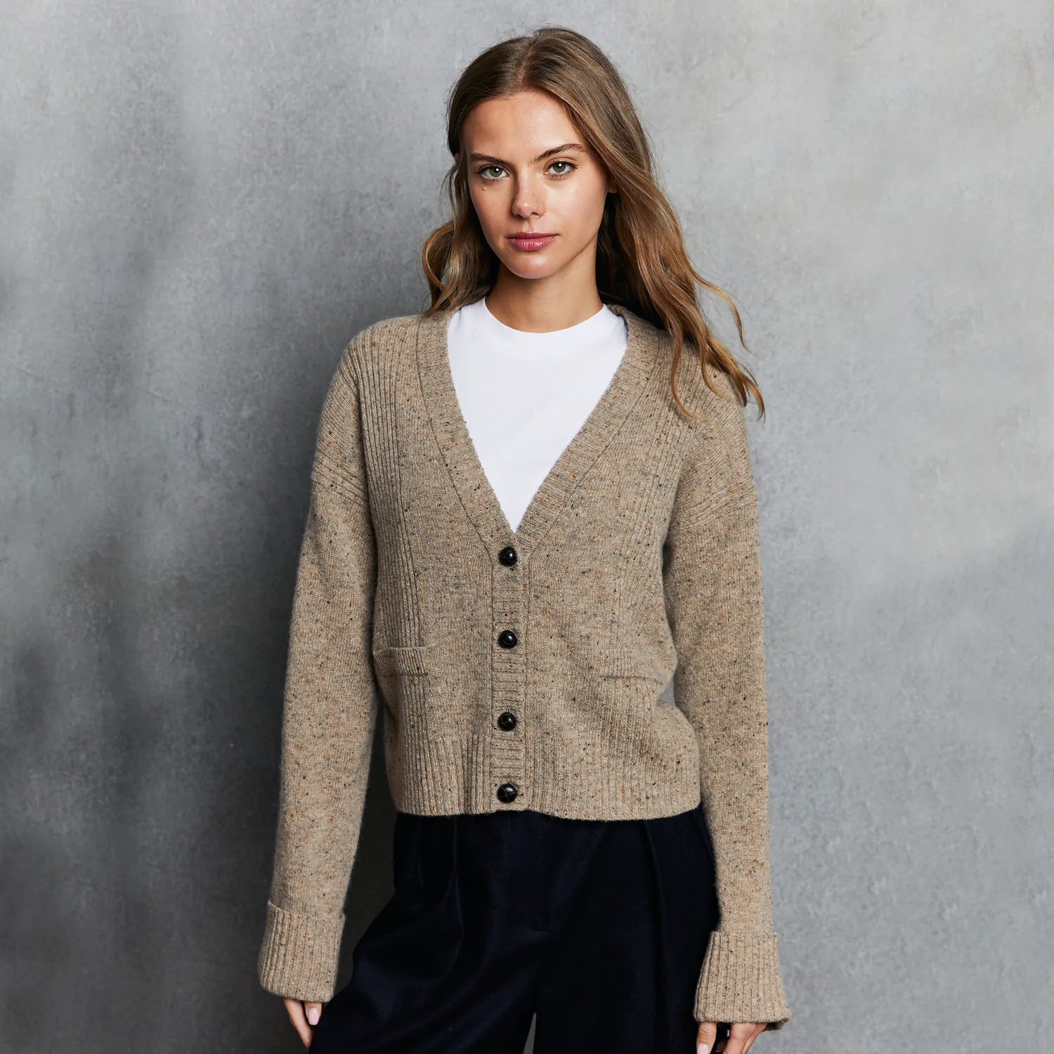 Boxy Cuffed V-Neck Cardigan sold by Autumn Cashmere