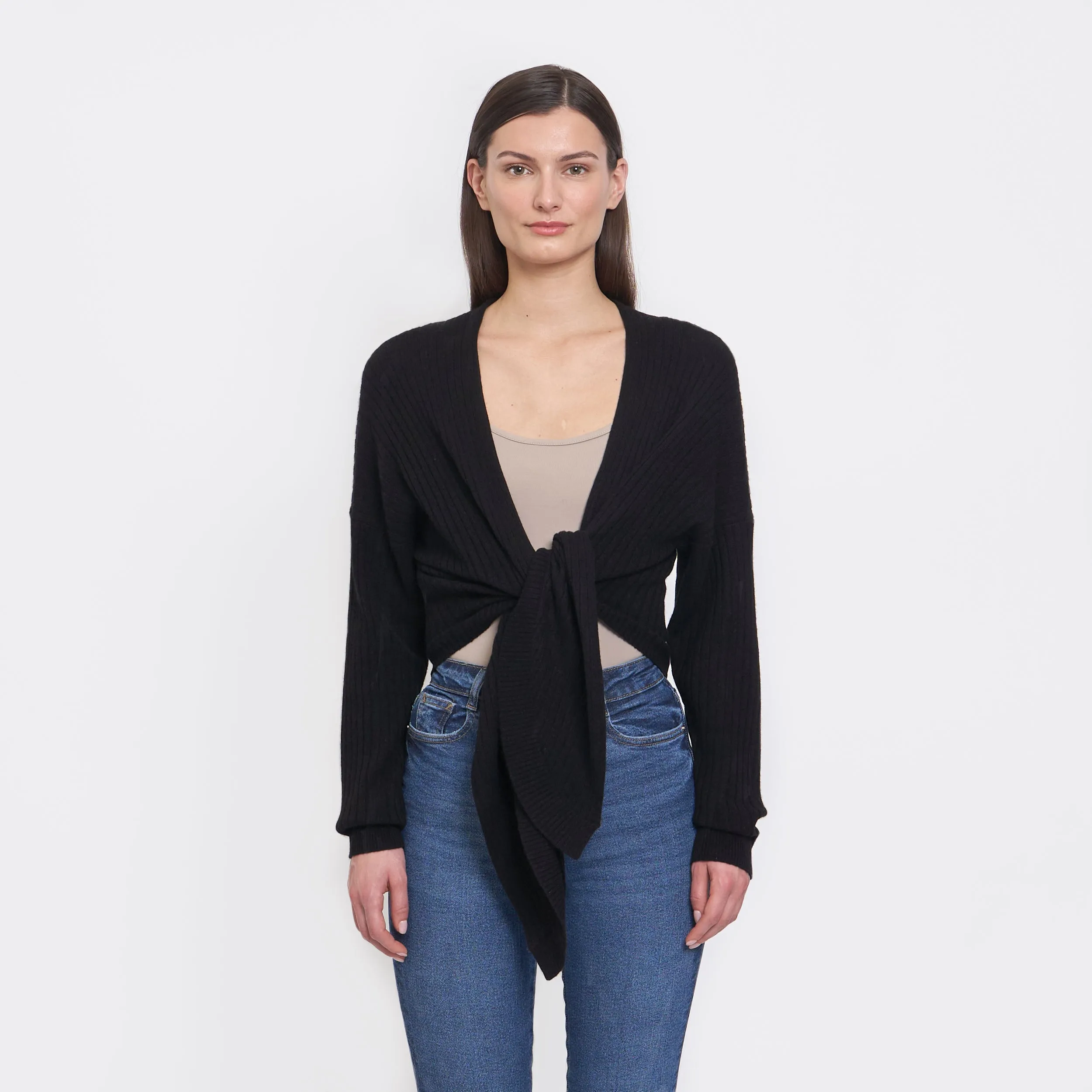 Tie Front Rib Cardigan in Black sold by Autumn Cashmere