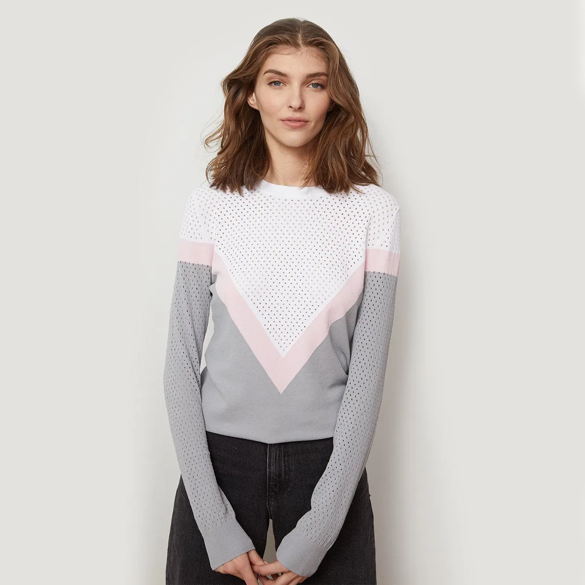 Mesh Color Block Yoke Crew sold by Autumn Cashmere