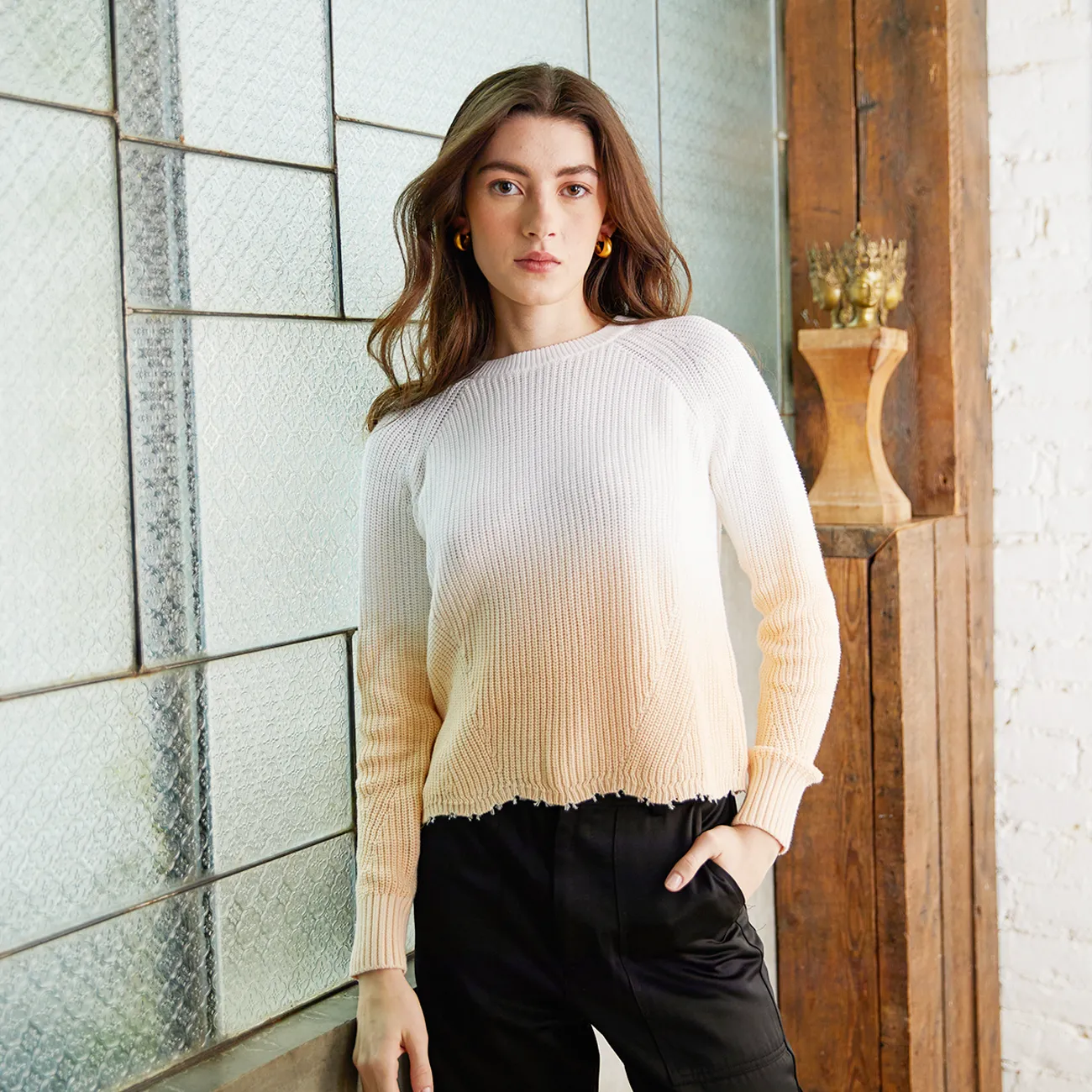 Dip Dye Scallop Shaker Crew in Bleach White/Latte sold by Autumn Cashmere