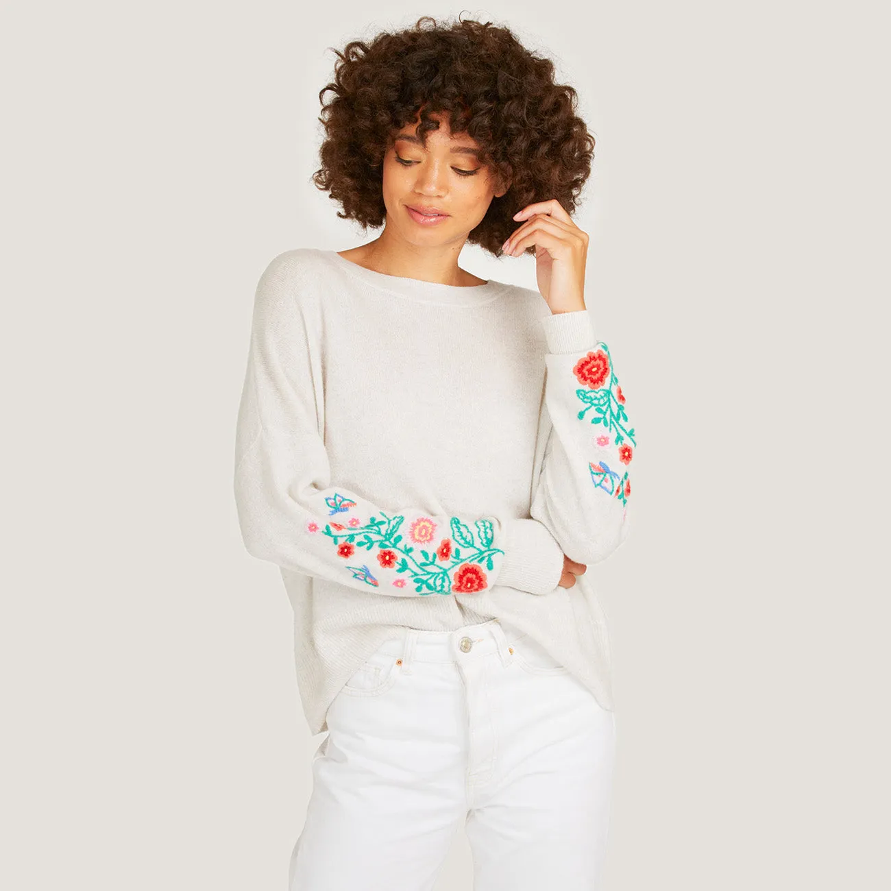 Floral Butterfly Hand Embroidered Sleeve Crew in Marble Combo sold by Autumn Cashmere product image thumbnail 4
