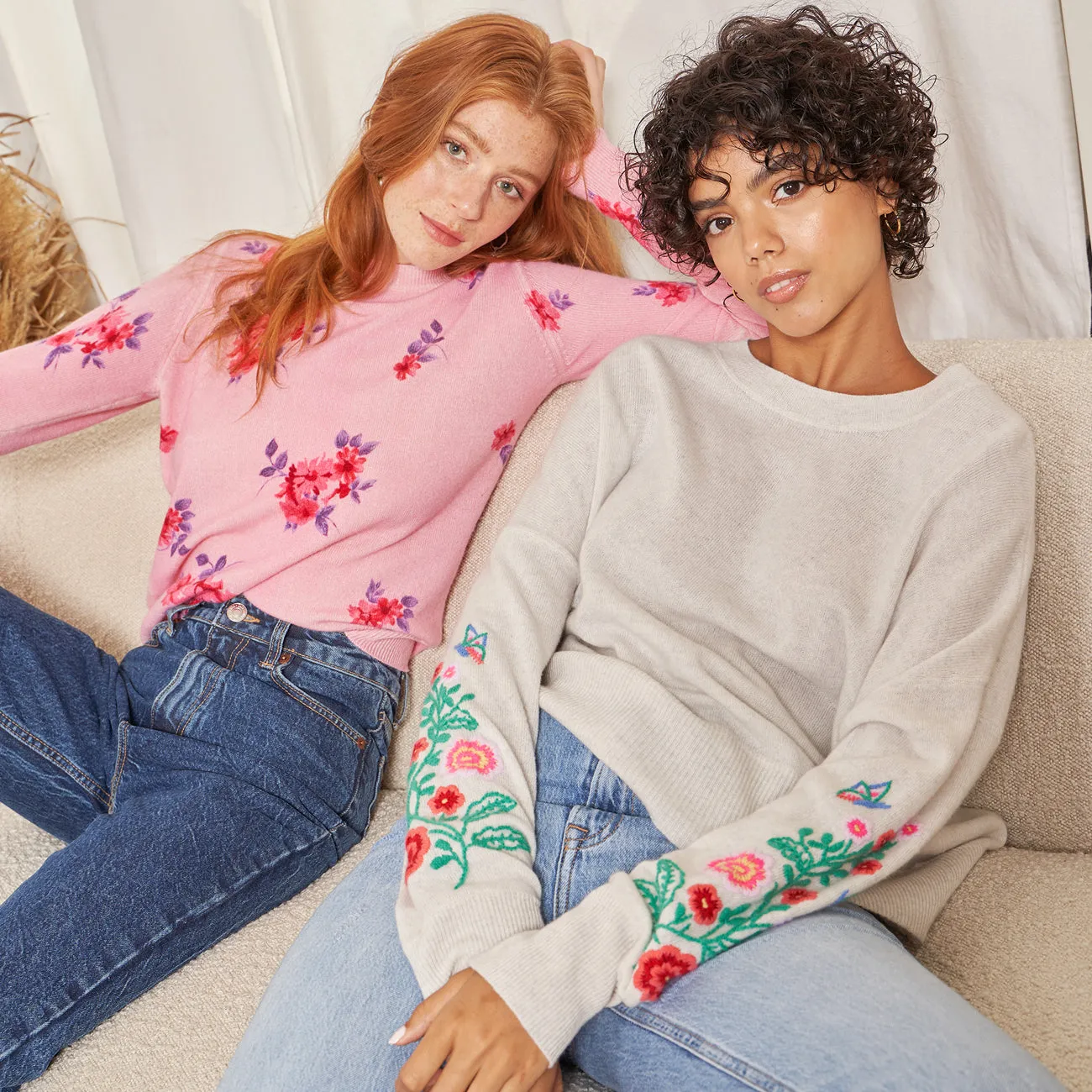 Floral Butterfly Hand Embroidered Sleeve Crew in Marble Combo sold by Autumn Cashmere