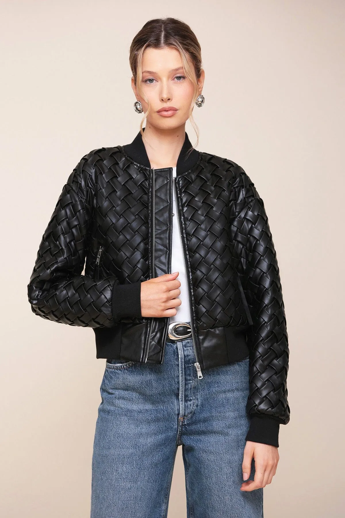Woven Faux-Ever Leather™ Bomber Jacket sold by Avec Les Filles product image thumbnail 3
