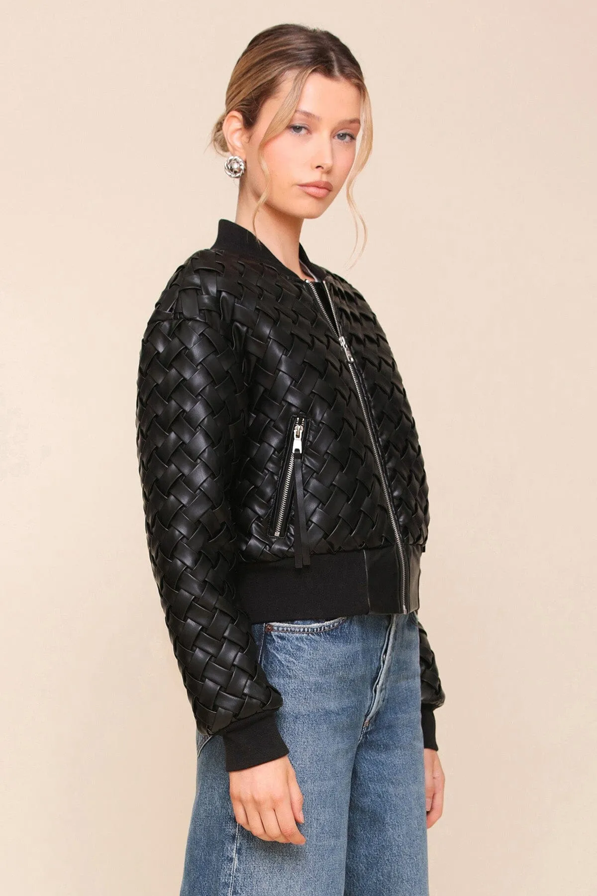 Woven Faux-Ever Leather™ Bomber Jacket sold by Avec Les Filles product image thumbnail 5