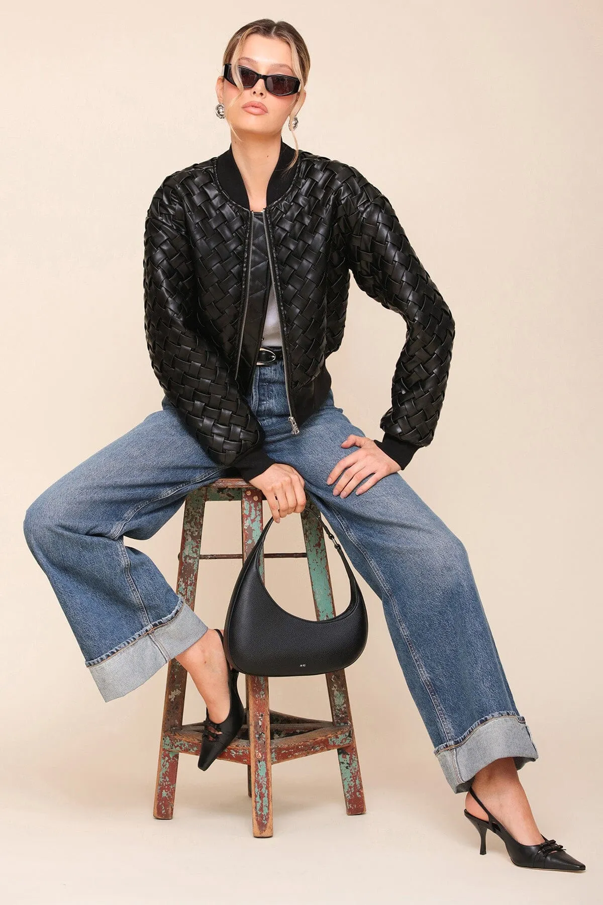 Woven Faux-Ever Leather™ Bomber Jacket sold by Avec Les Filles