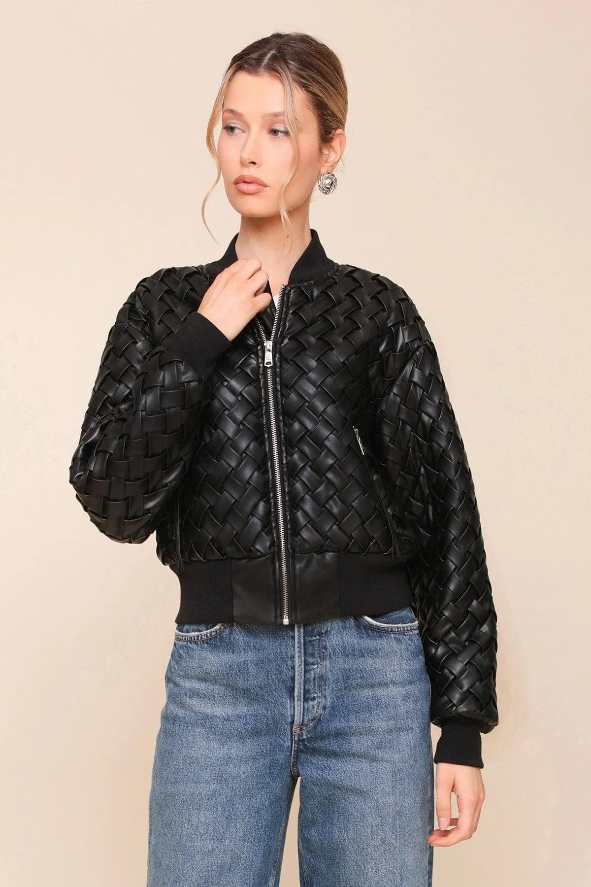 Woven Faux-Ever Leather™ Bomber Jacket sold by Avec Les Filles product image thumbnail 4