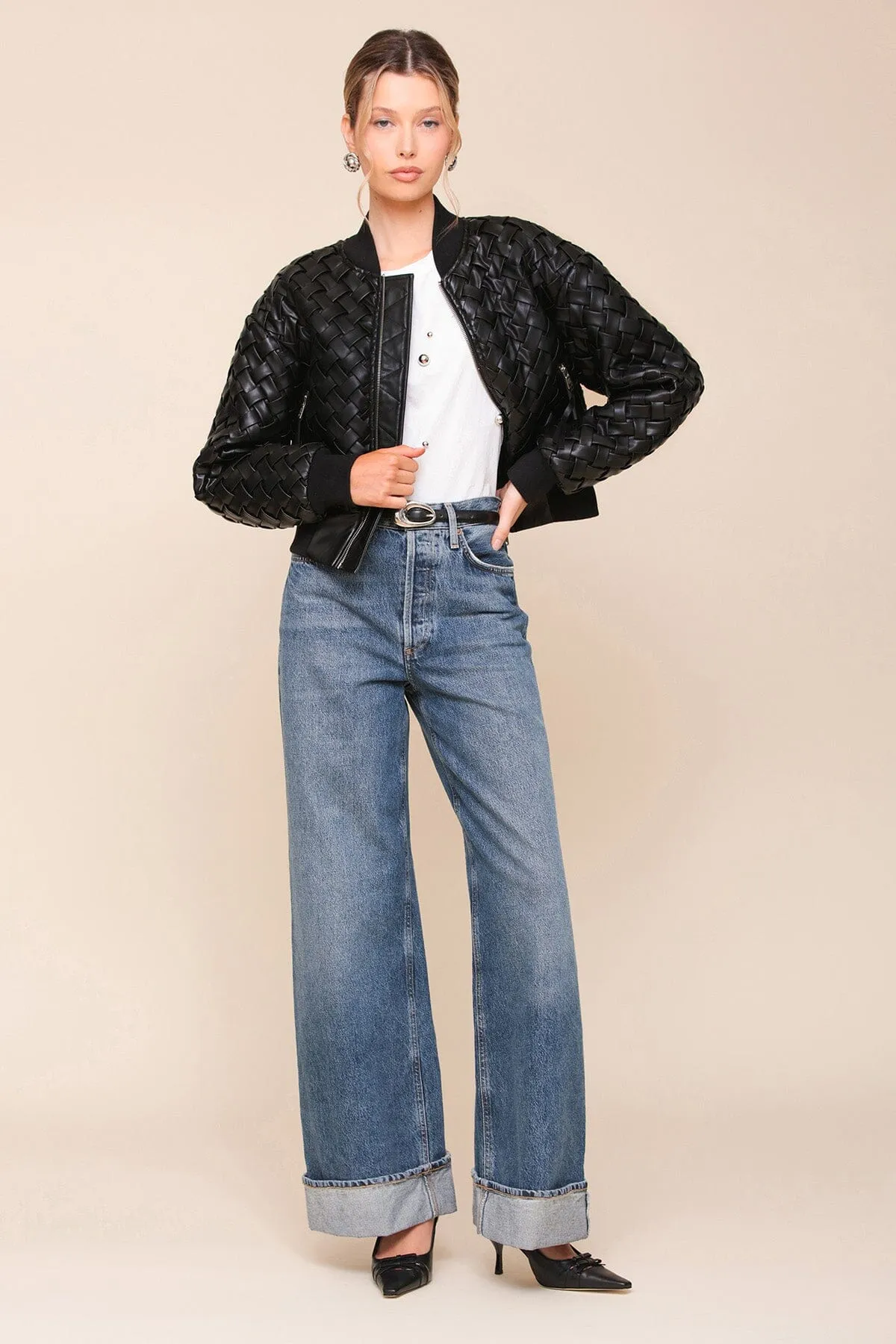 Woven Faux-Ever Leather™ Bomber Jacket sold by Avec Les Filles product image thumbnail 2