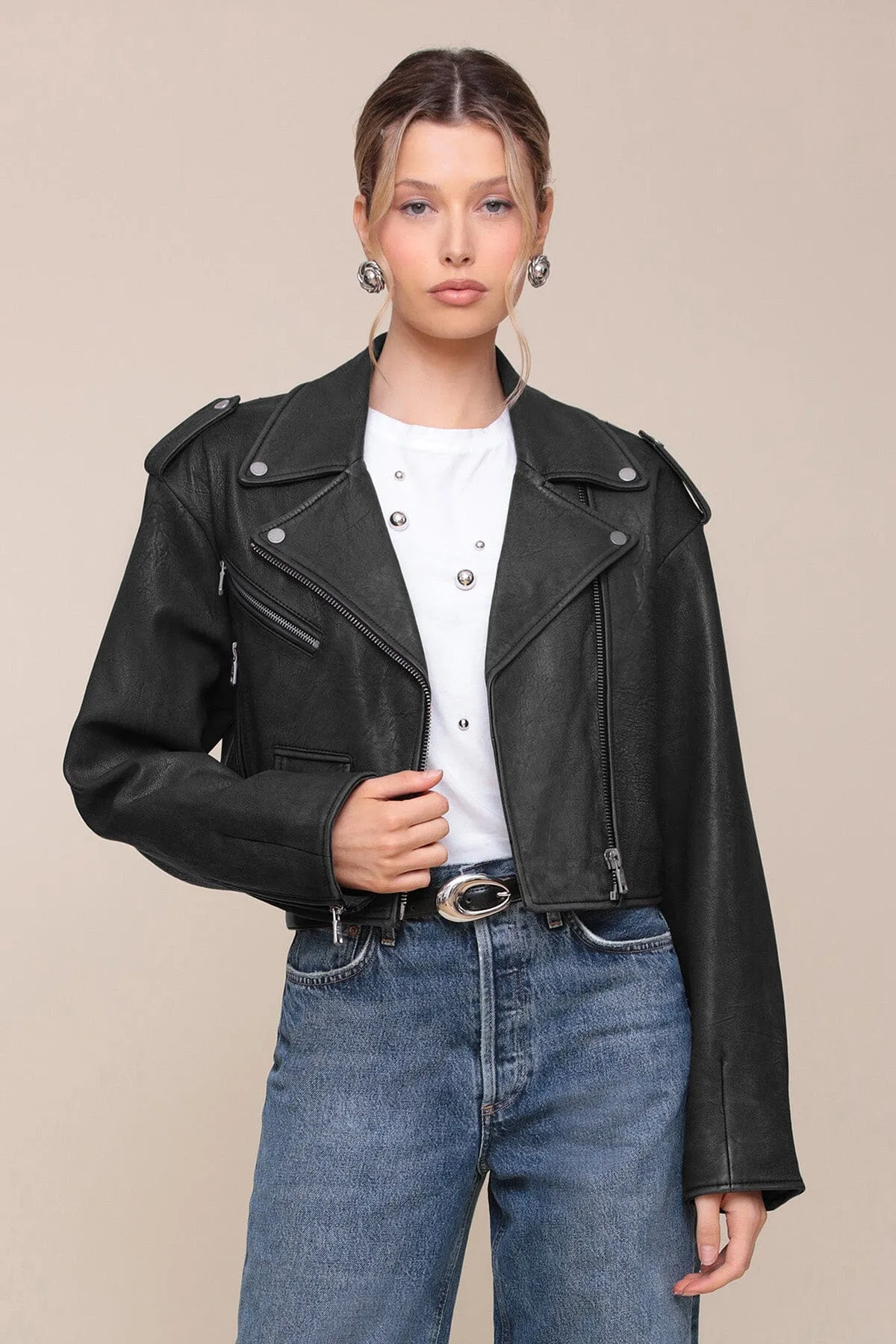 Cropped Genuine Leather Biker Jacket sold by Avec Les Filles product image thumbnail 3