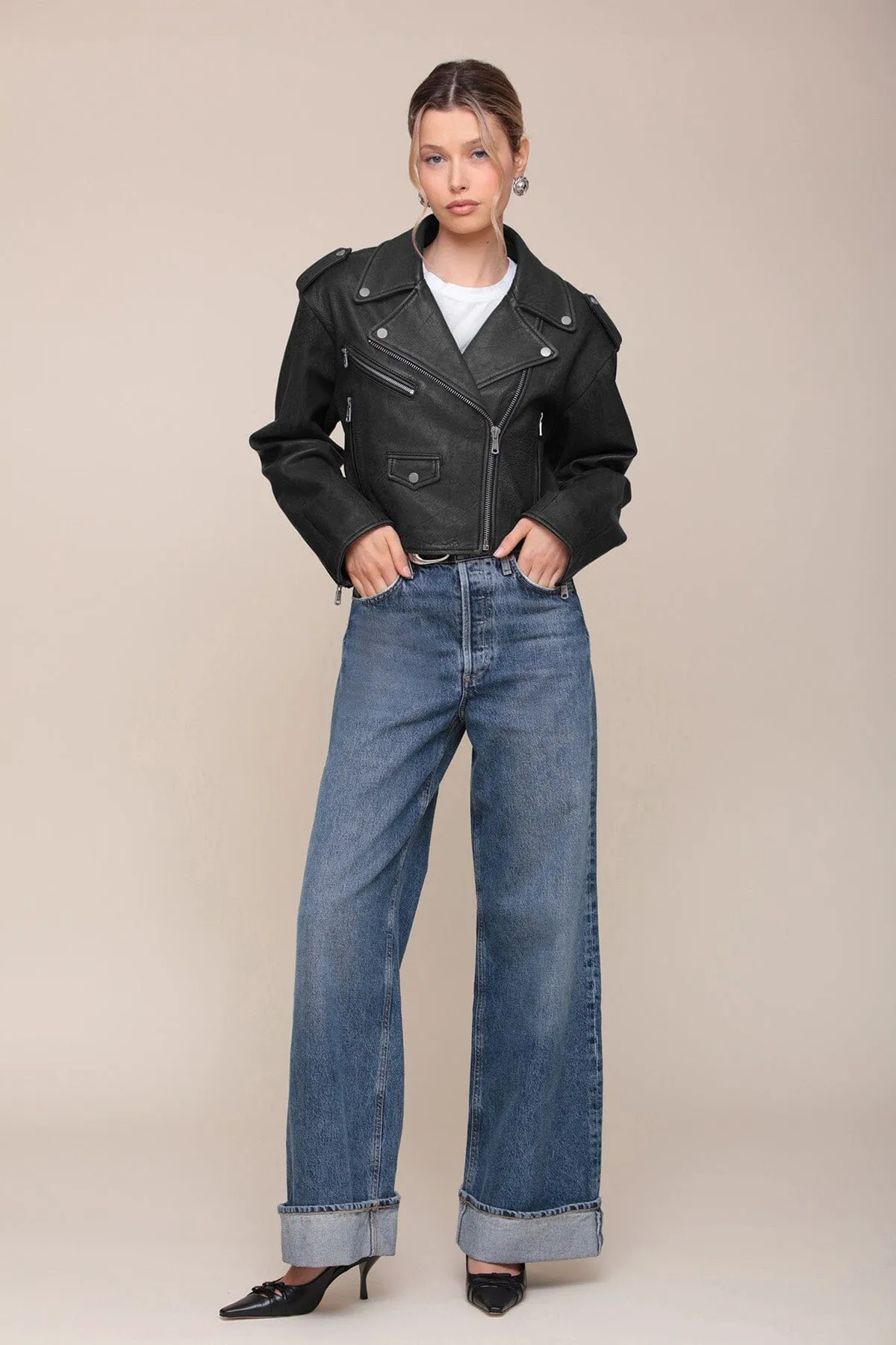 Cropped Genuine Leather Biker Jacket sold by Avec Les Filles product image thumbnail 5