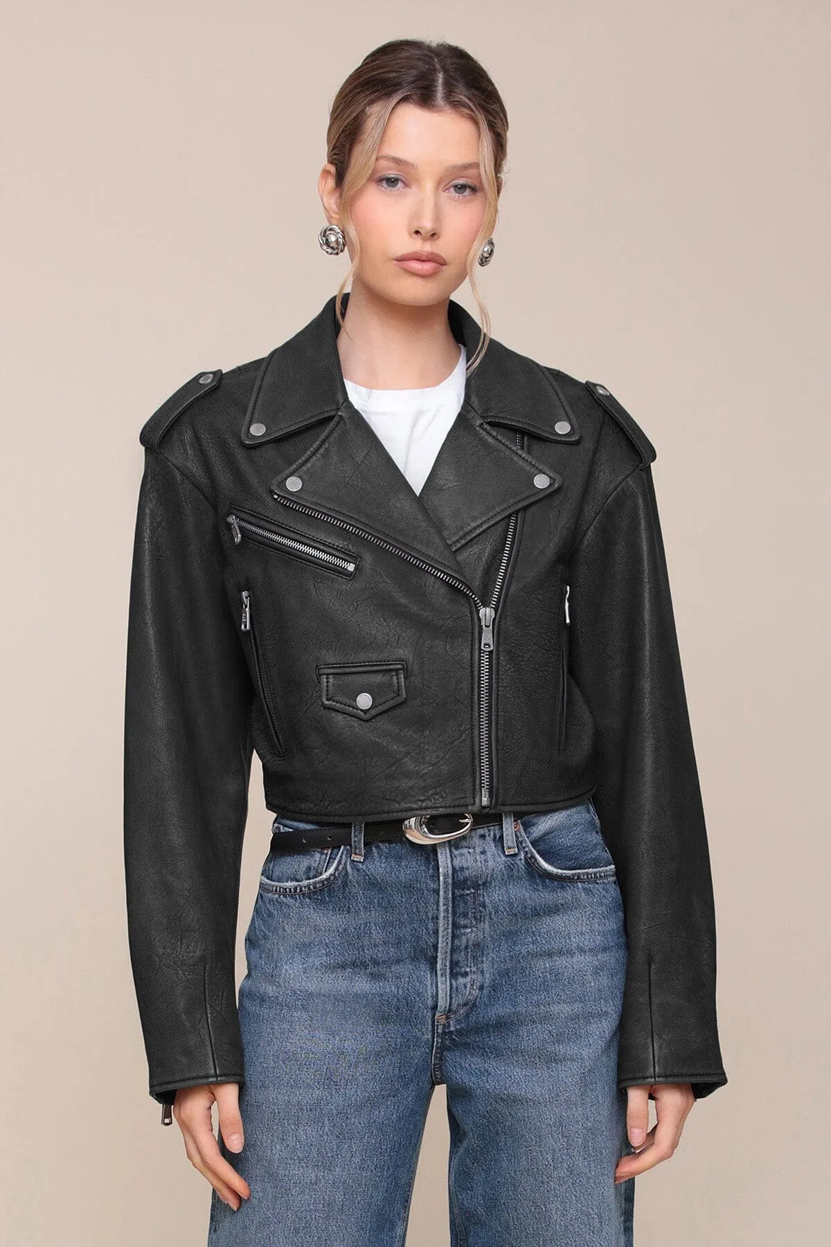 Cropped Genuine Leather Biker Jacket sold by Avec Les Filles product image thumbnail 4