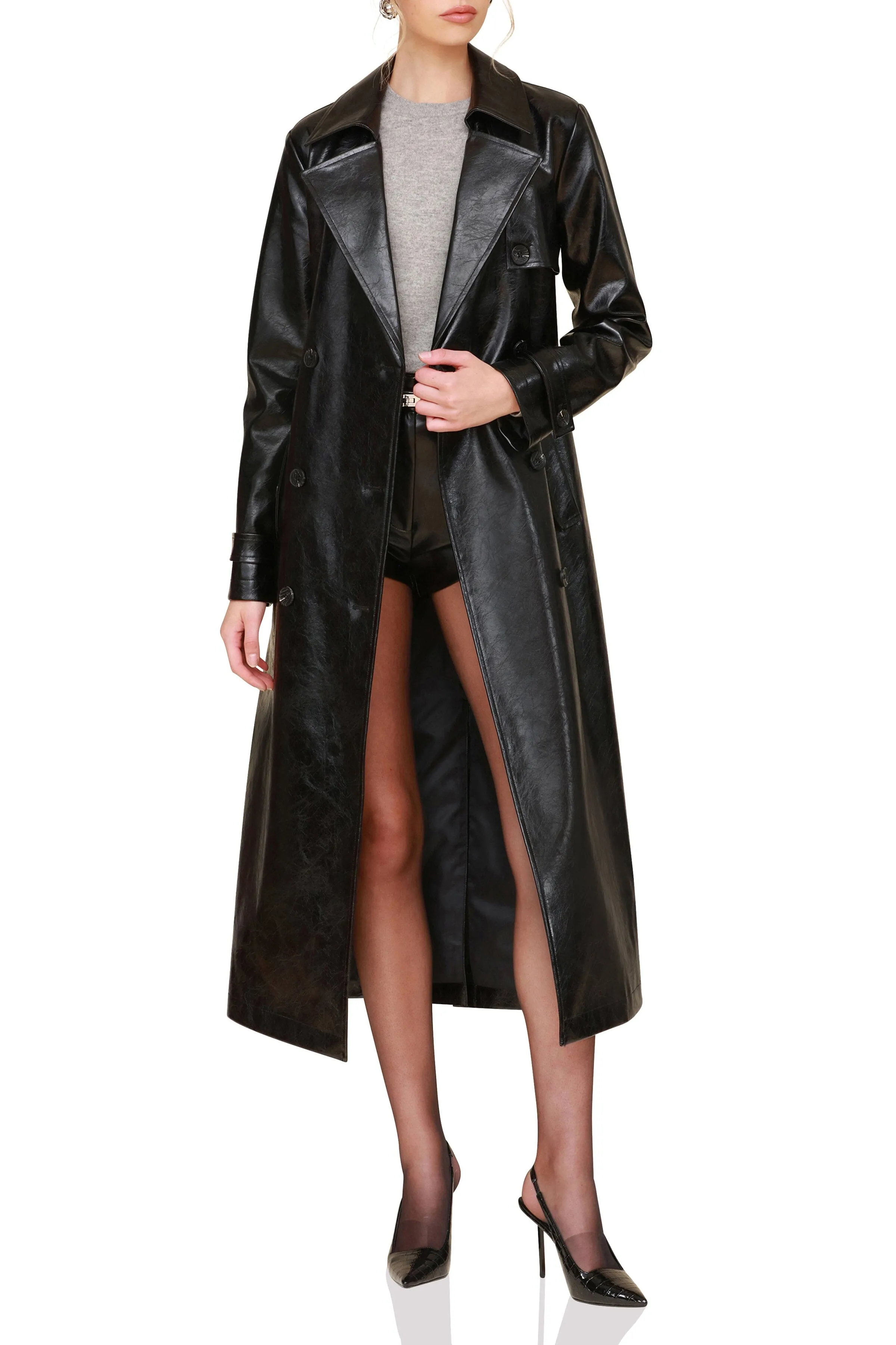 Glazed Faux-Ever Leather™ Belted Trench Coat sold by Avec Les Filles product image thumbnail 4