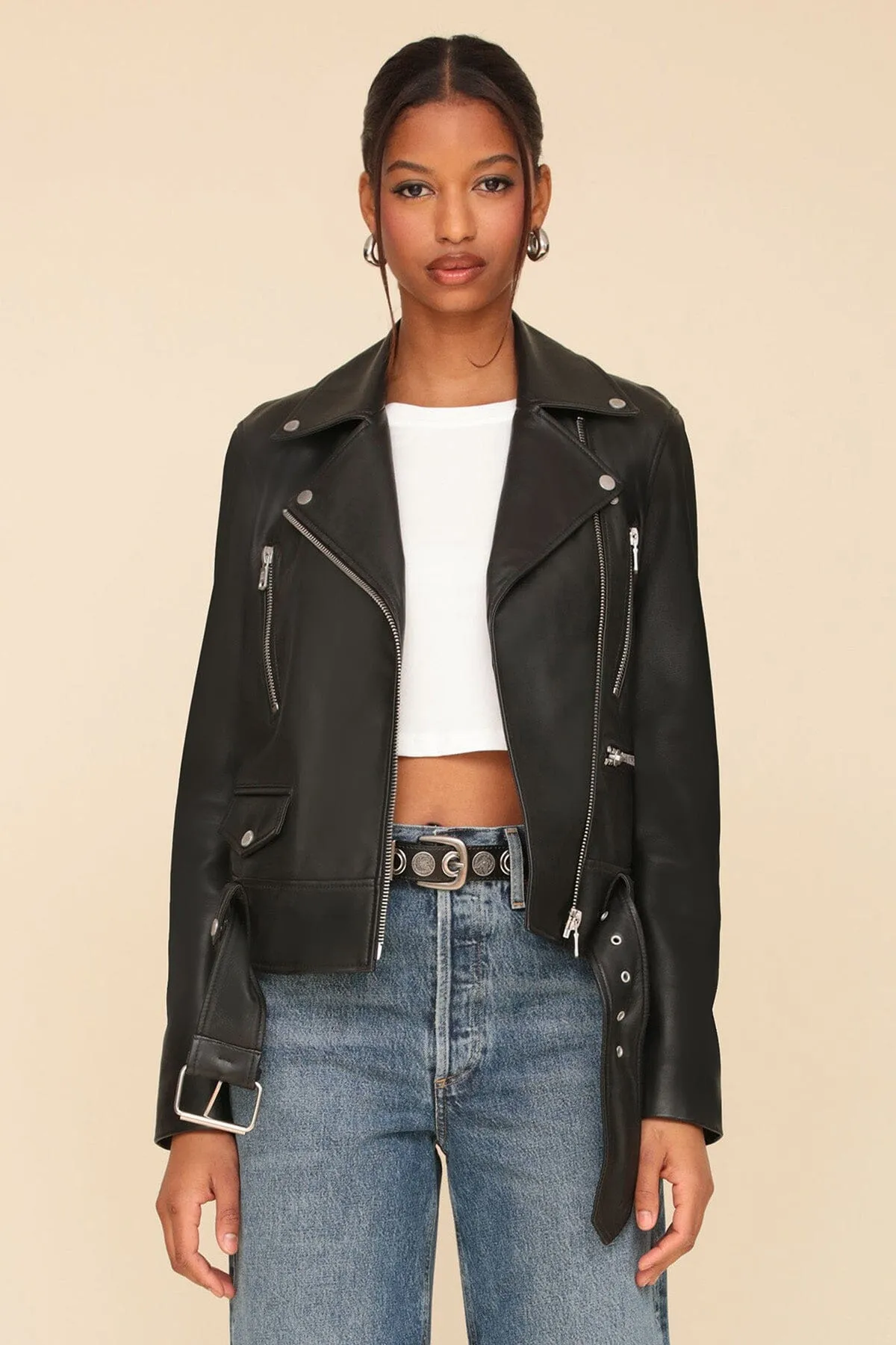 Genuine Leather Belted Biker Jacket sold by Avec Les Filles product image thumbnail 3