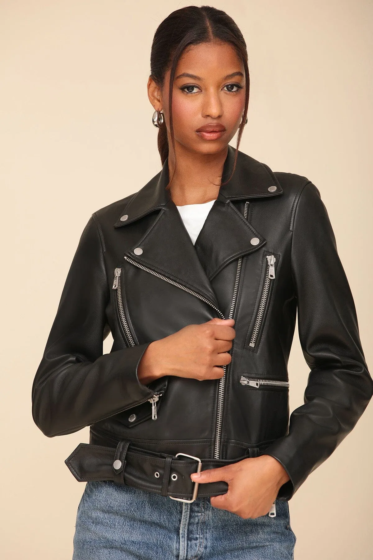 Genuine Leather Belted Biker Jacket sold by Avec Les Filles product image thumbnail 2