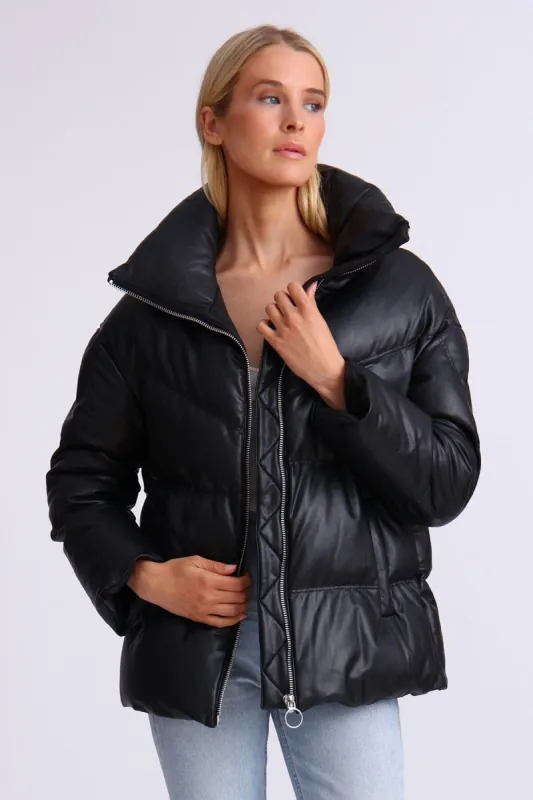 Faux Leather Quilted Puffer Jacket sold by Avec Les Filles