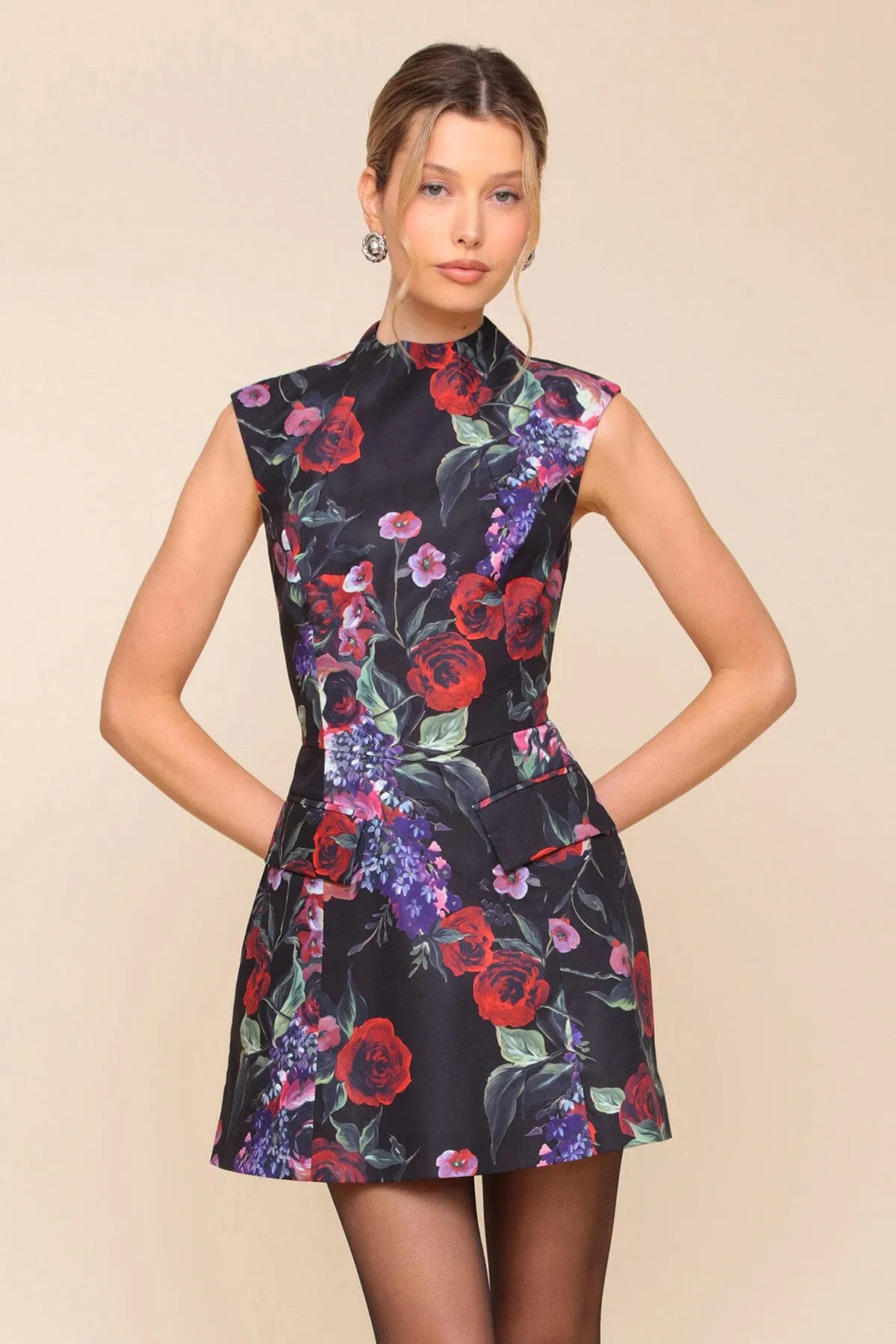 Black Floral Tailored Fit & Flare Mini Dress sold by Avec Les Filles product image thumbnail 4