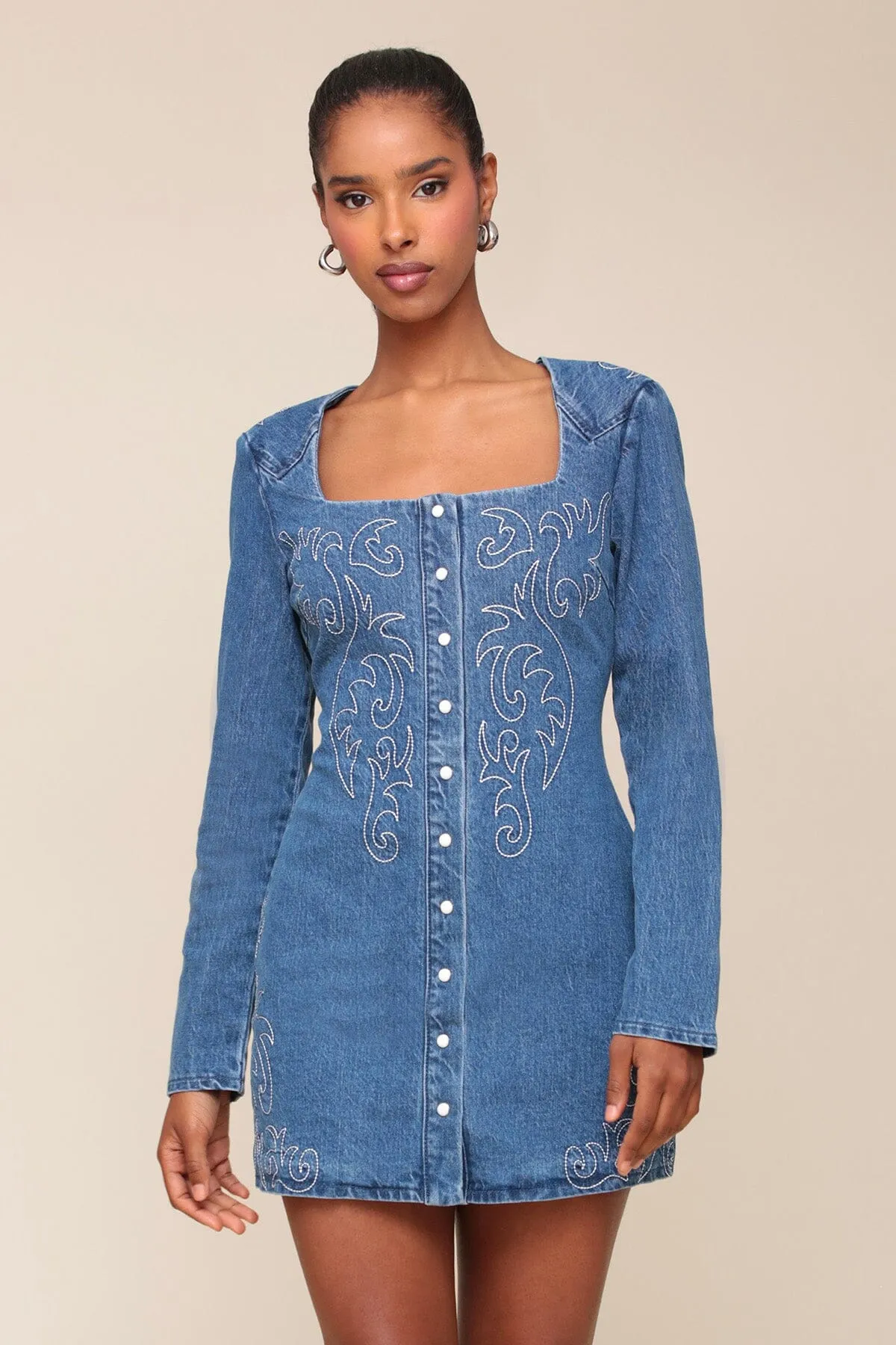 Western Embroidered Denim Mini Dress sold by Avec Les Filles product image thumbnail 3