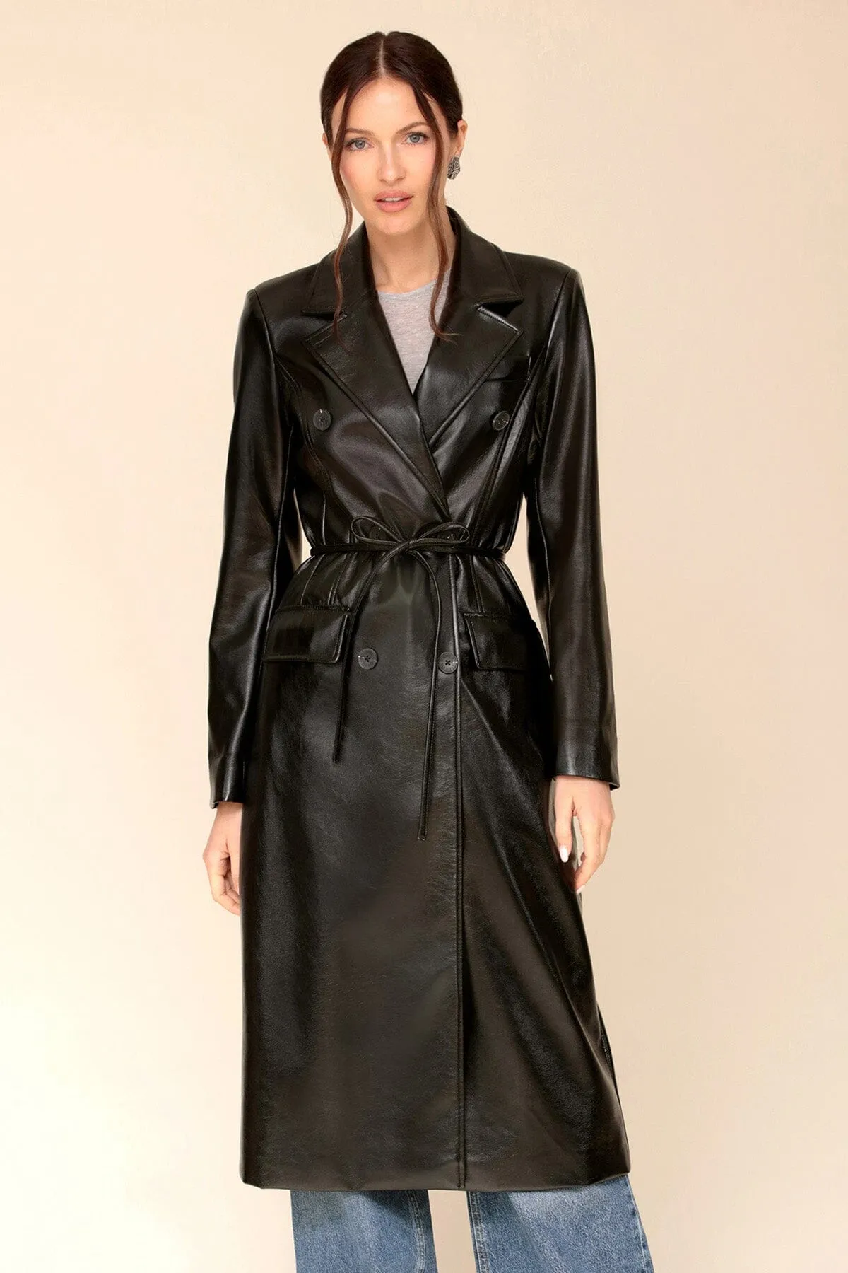 Glazed Faux-Ever Leather™ Belted Trench Coat sold by Avec Les Filles product image thumbnail 4