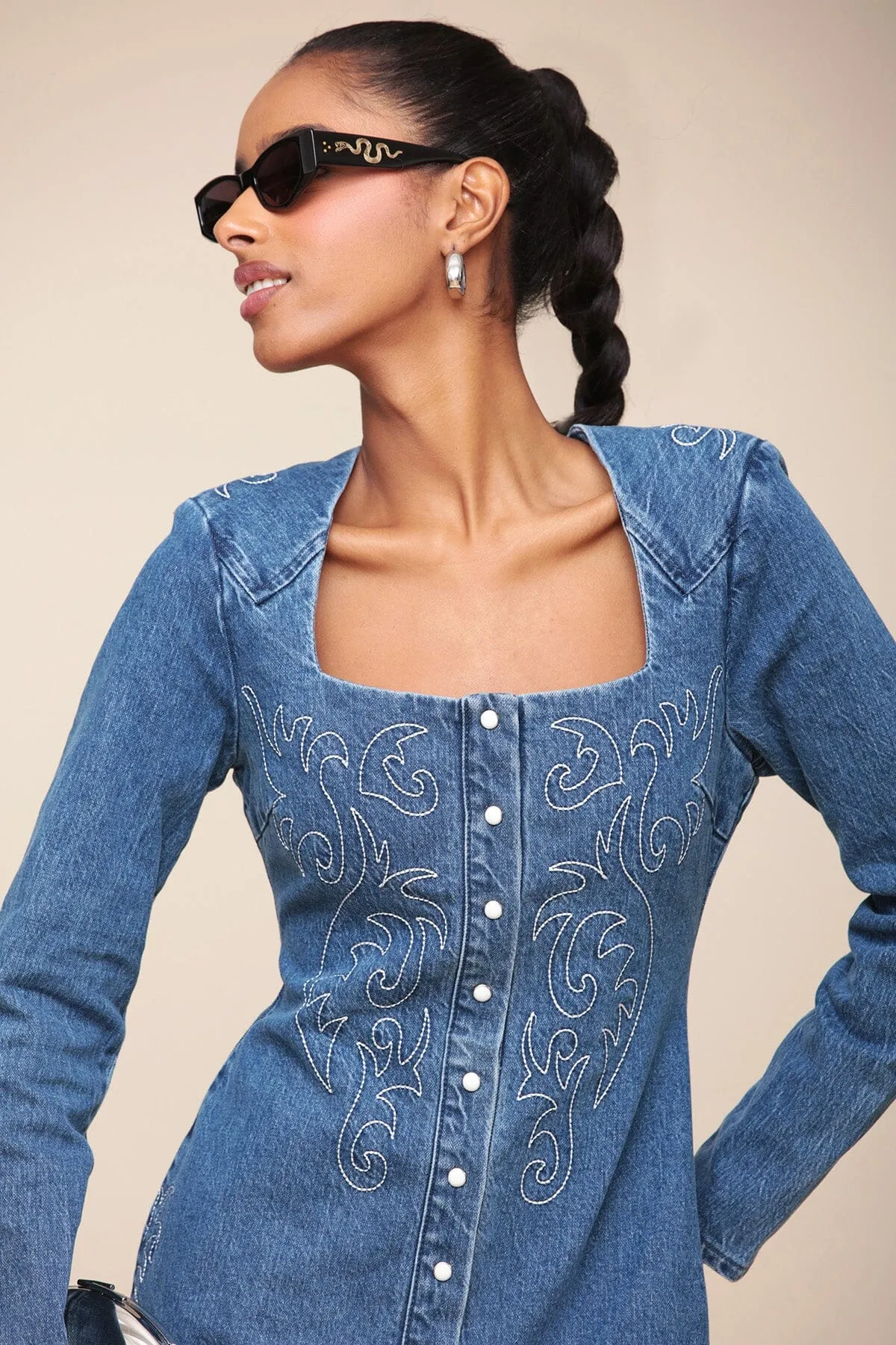 Western Embroidered Denim Mini Dress sold by Avec Les Filles product image thumbnail 2