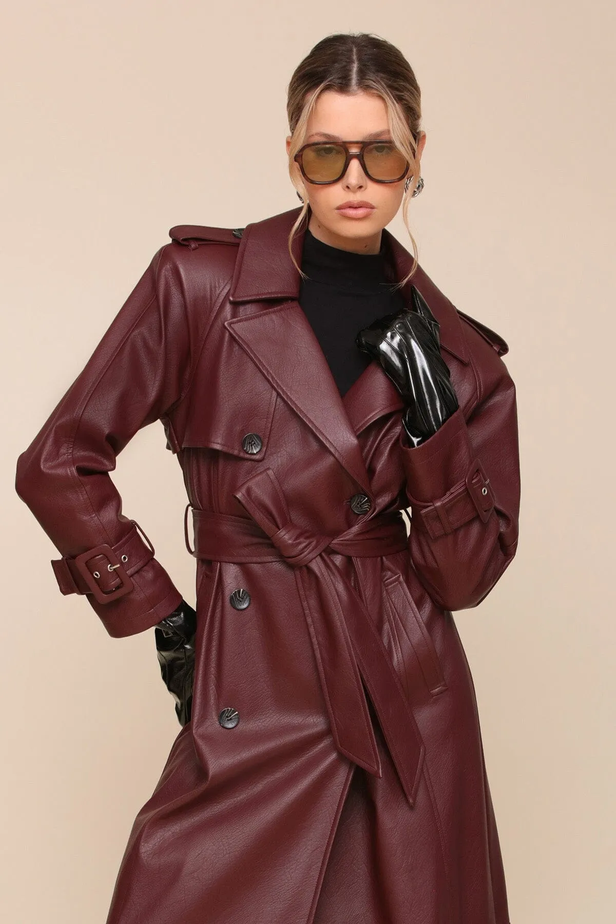 Faux-Ever Leather™ Strong Shoulder Maxi Trench Coat sold by Avec Les Filles