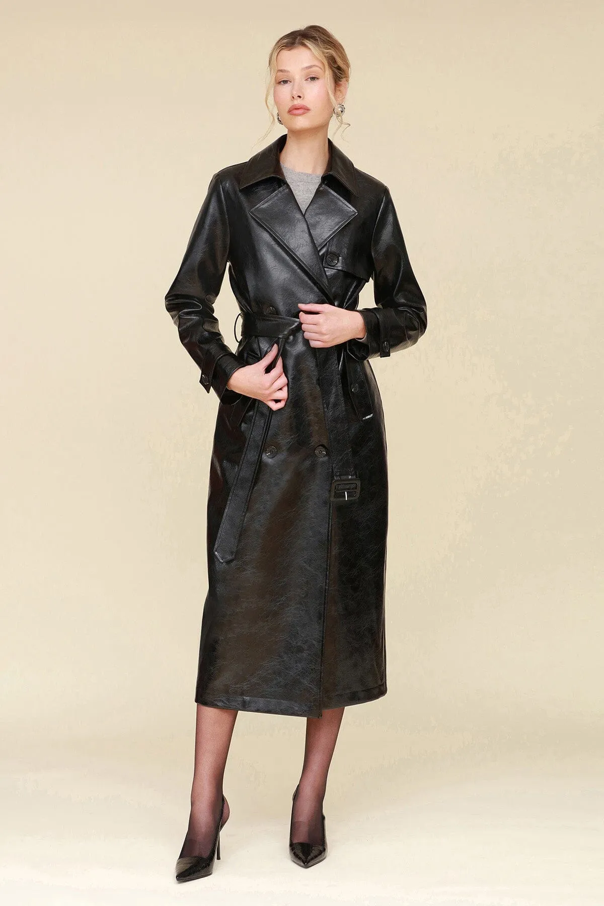 Glazed Faux-Ever Leather™ Belted Trench Coat sold by Avec Les Filles product image thumbnail 5