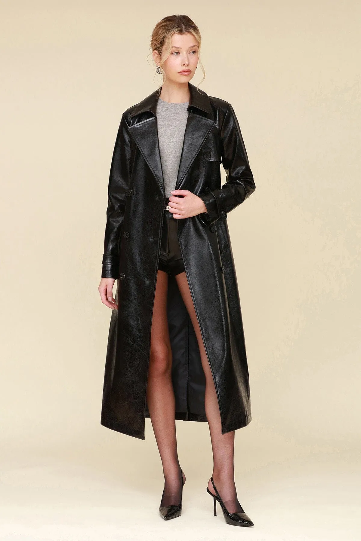 Glazed Faux-Ever Leather™ Belted Trench Coat sold by Avec Les Filles product image thumbnail 4