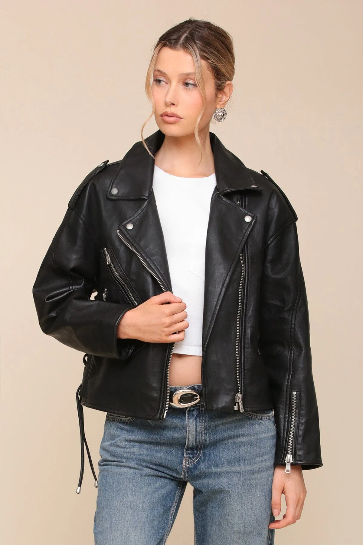Faux-Ever Leather™ Lace Up Relaxed Fit Biker Jacket sold by Avec Les Filles product image thumbnail 3
