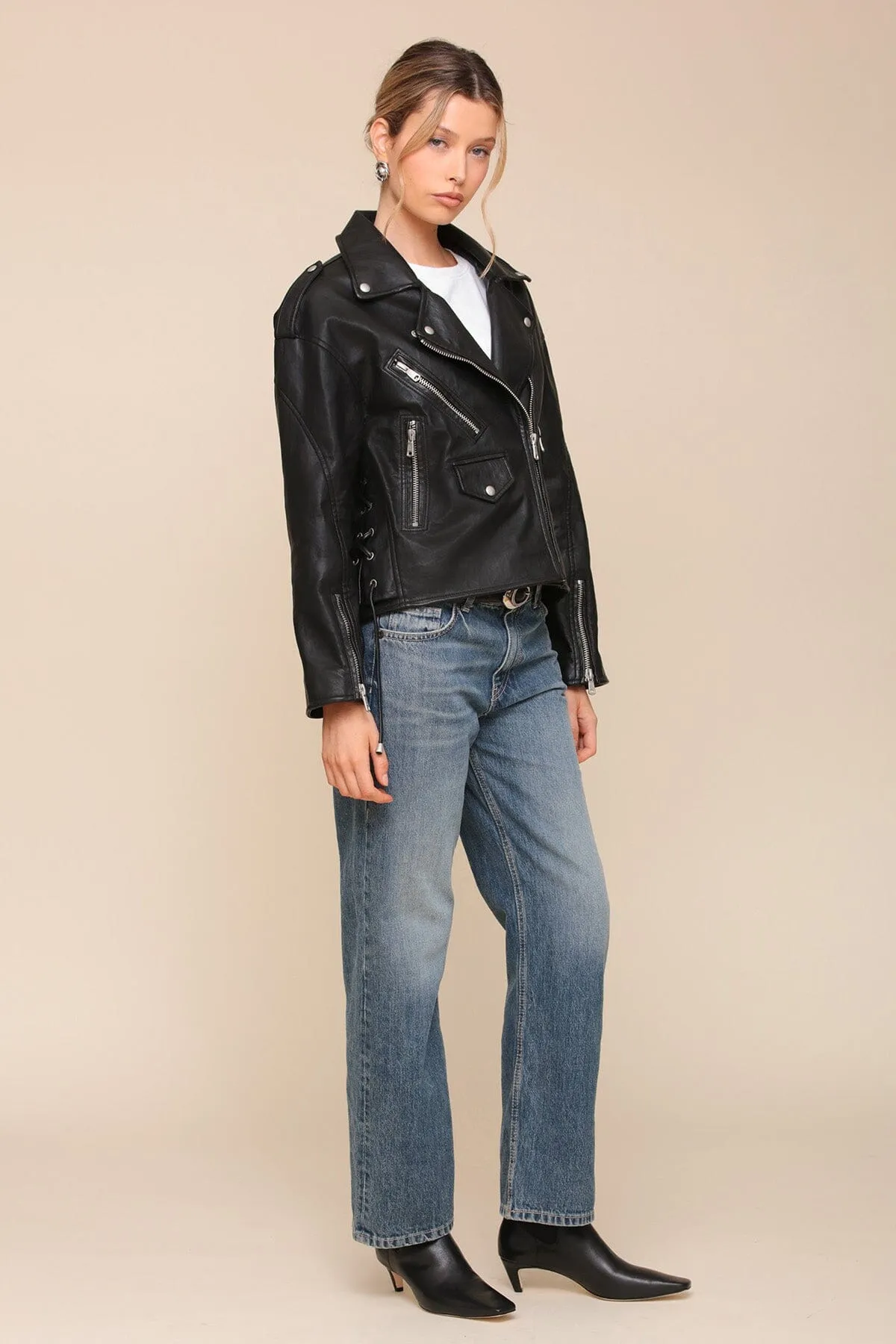 Faux-Ever Leather™ Lace Up Relaxed Fit Biker Jacket sold by Avec Les Filles product image thumbnail 4