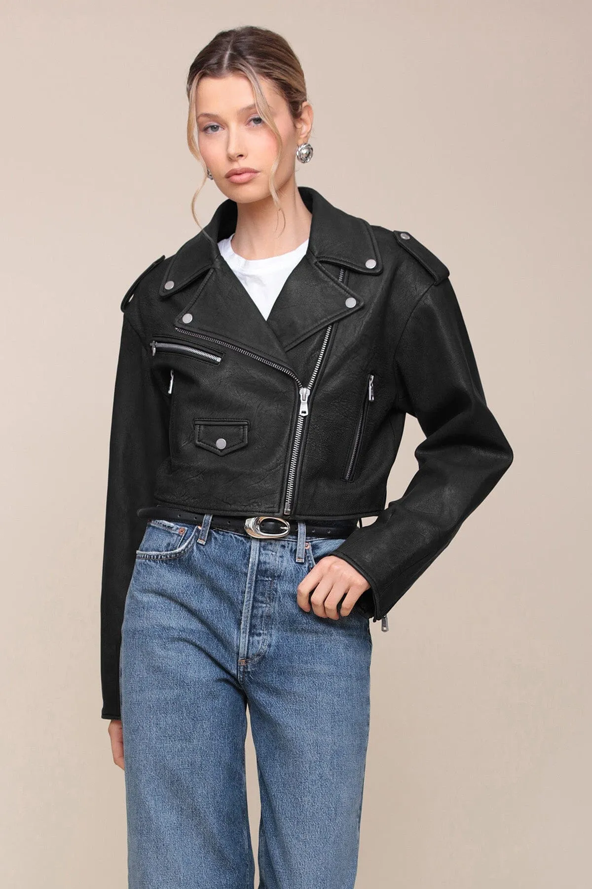 Cropped Genuine Leather Biker Jacket sold by Avec Les Filles product image thumbnail 4