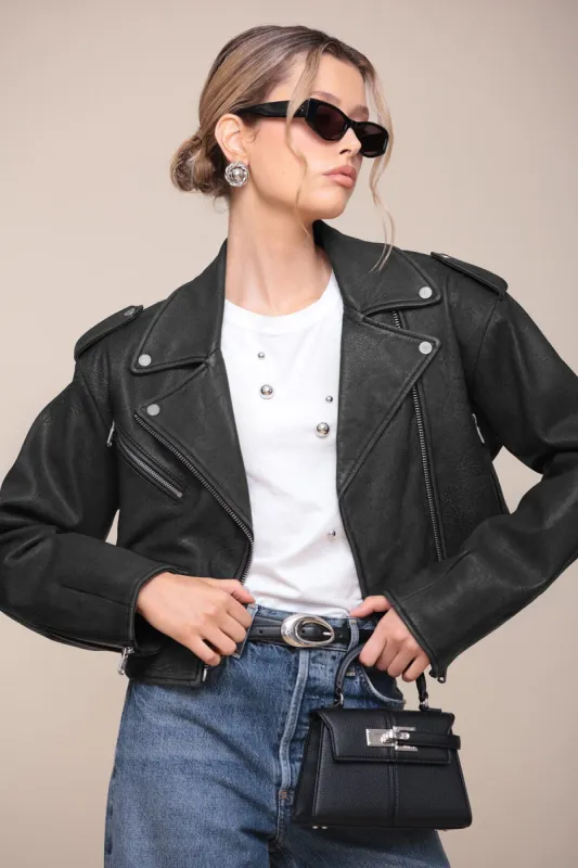 Cropped Genuine Leather Biker Jacket sold by Avec Les Filles