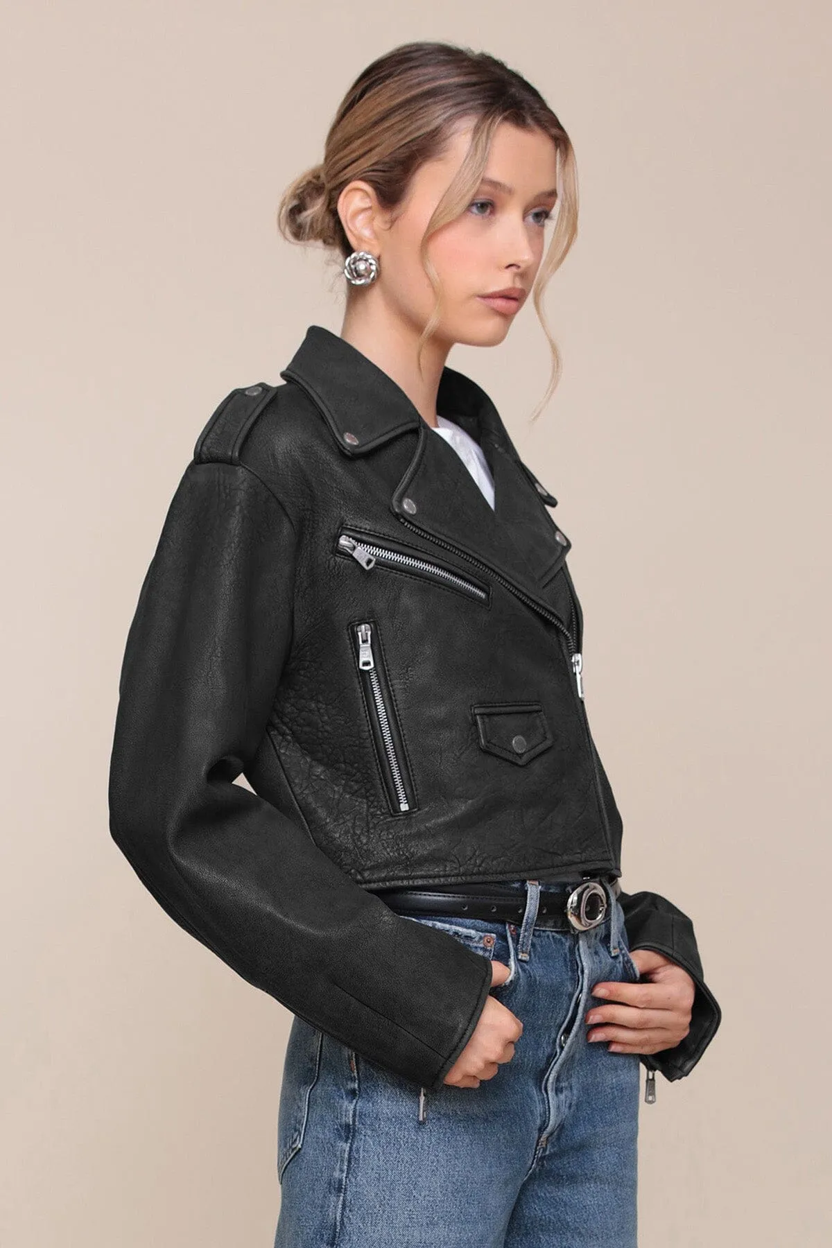 Cropped Genuine Leather Biker Jacket sold by Avec Les Filles product image thumbnail 5