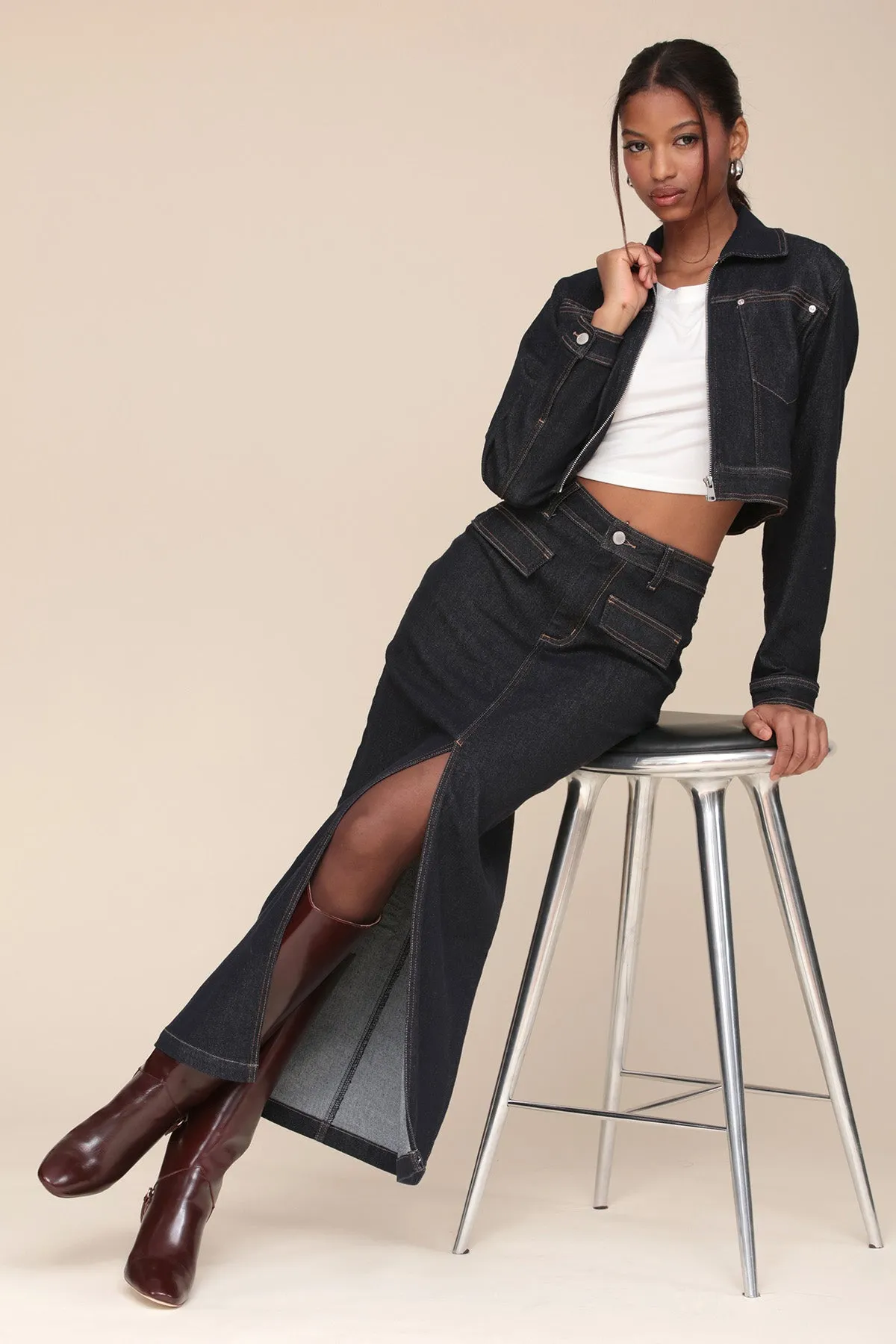 Dark Wash Denim Maxi Skirt sold by Avec Les Filles