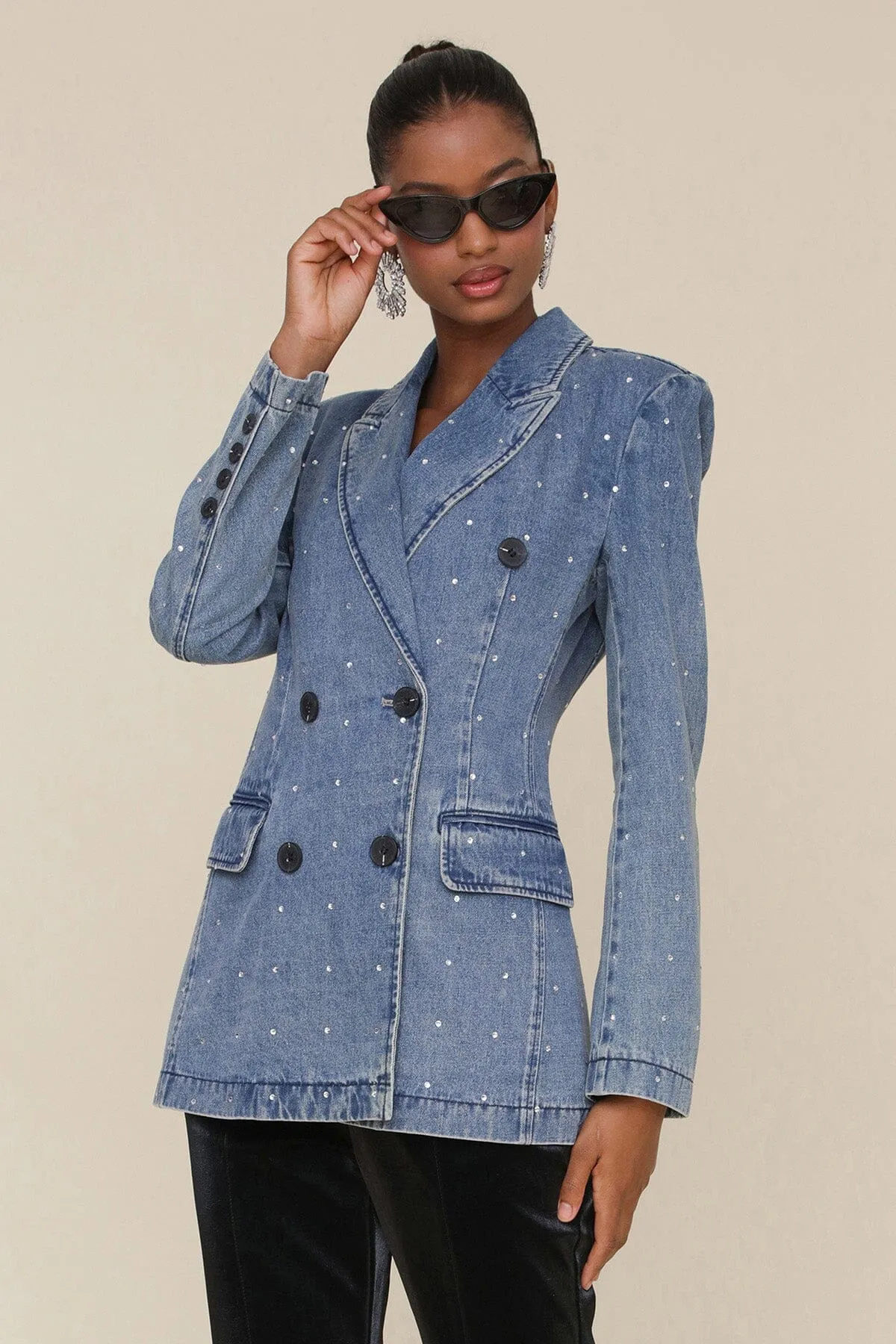 Rhinestone Denim Double Breasted Blazer sold by Avec Les Filles