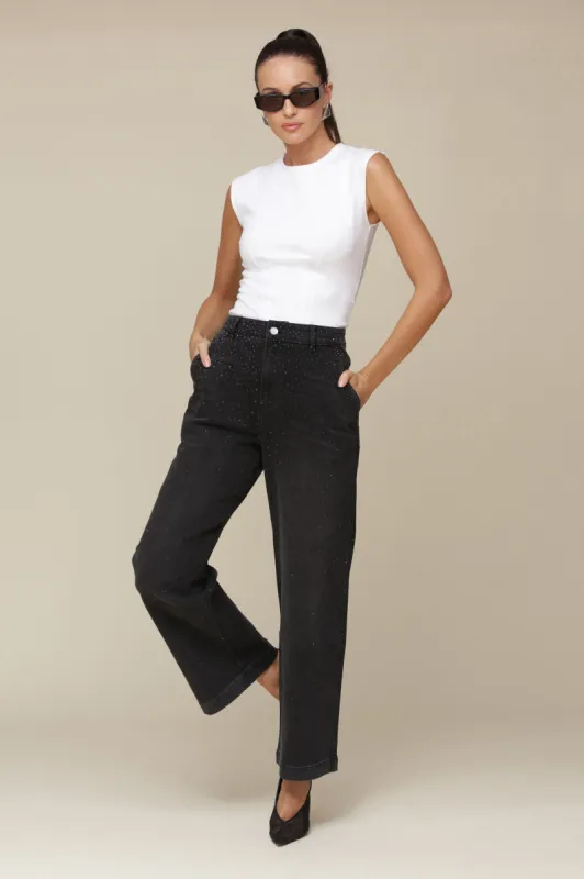 Rhinestone Black Wash Wide Leg Jeans sold by Avec Les Filles