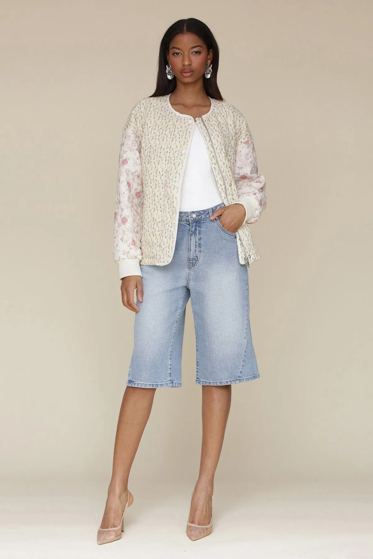 Mixed Floral Quilted Cotton Bomber Jacket sold by Avec Les Filles product image thumbnail 3