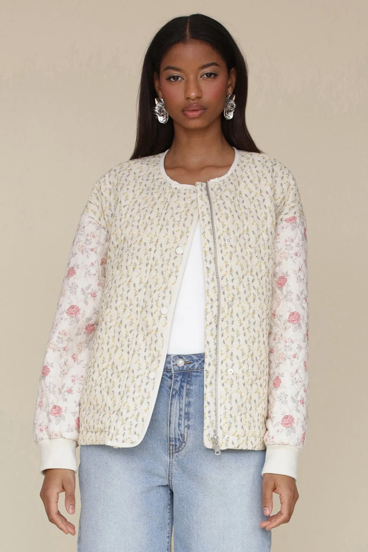 Mixed Floral Quilted Cotton Bomber Jacket sold by Avec Les Filles product image thumbnail 4