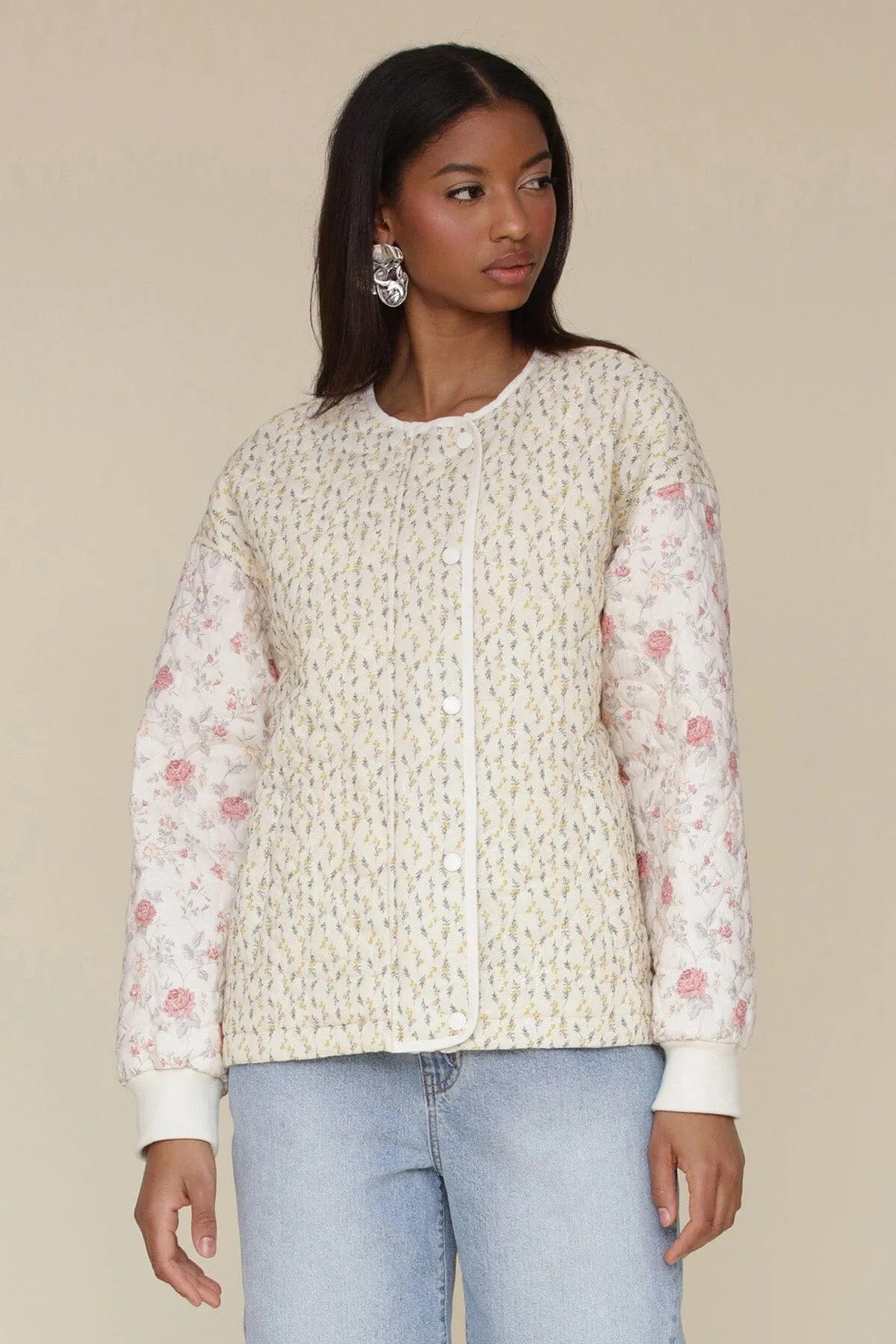 Mixed Floral Quilted Cotton Bomber Jacket sold by Avec Les Filles product image thumbnail 5