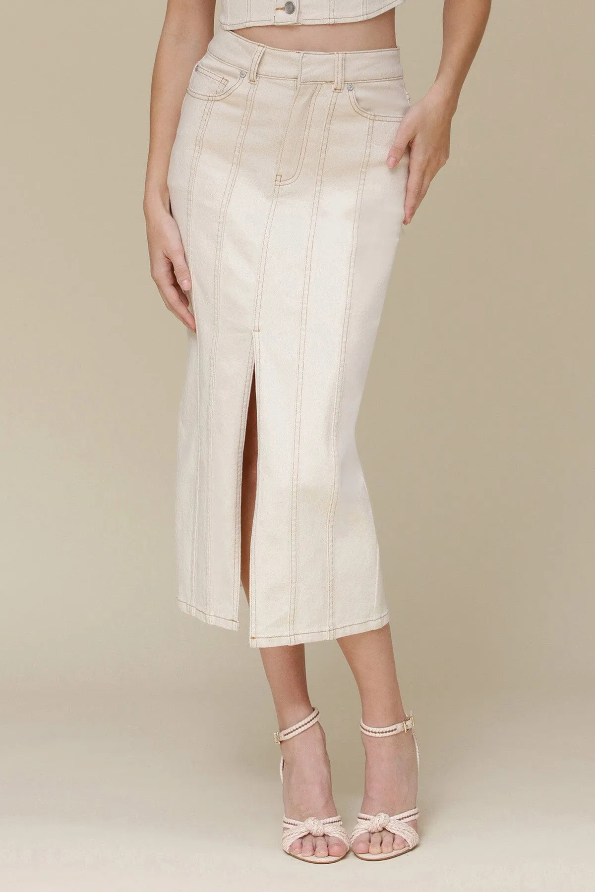 Ecru Denim Slit Front Pencil Skirt sold by Avec Les Filles product image thumbnail 3