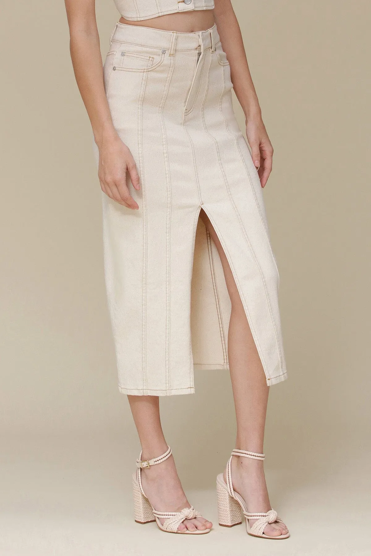 Ecru Denim Slit Front Pencil Skirt sold by Avec Les Filles product image thumbnail 4