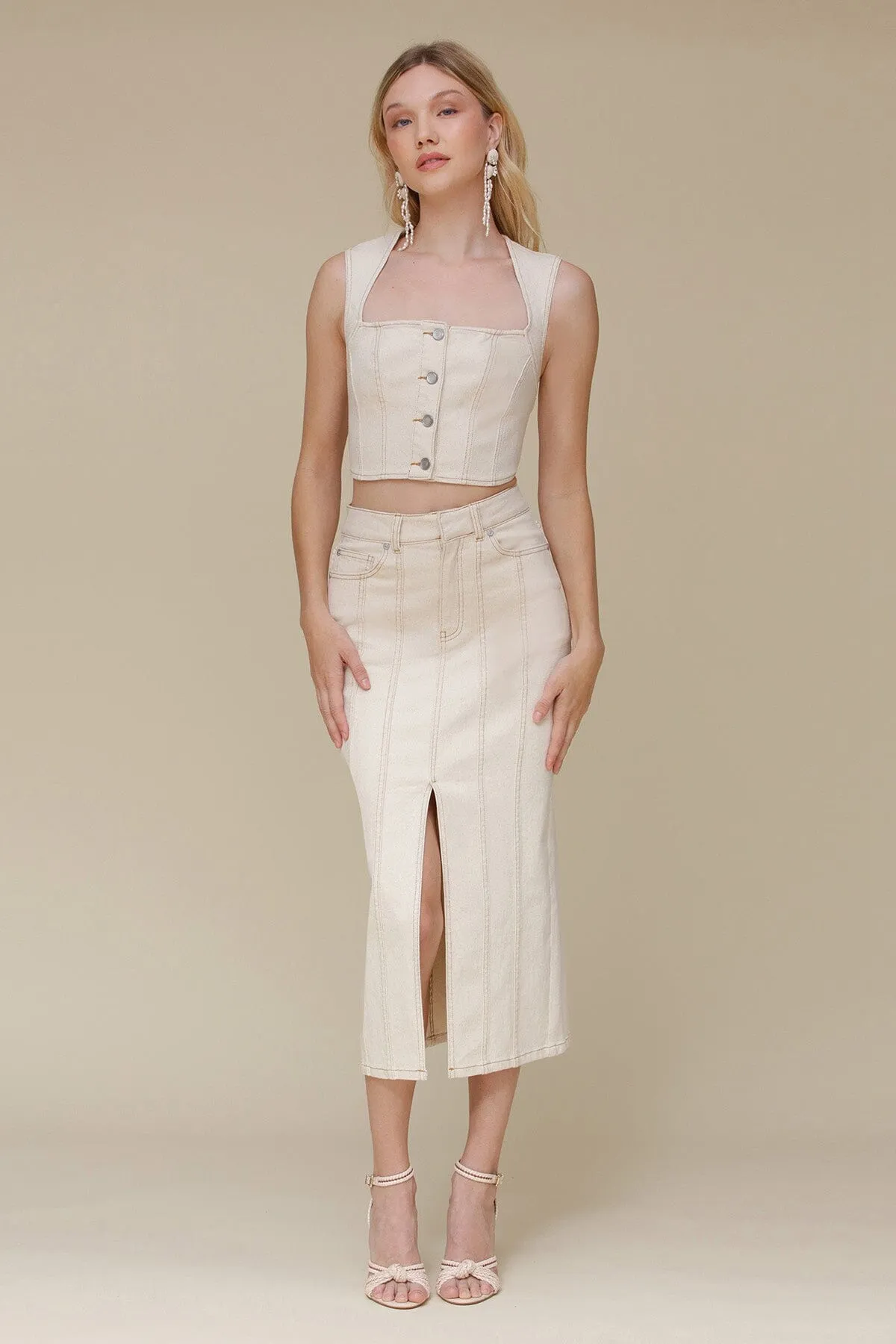 Ecru Denim Slit Front Pencil Skirt sold by Avec Les Filles product image thumbnail 2