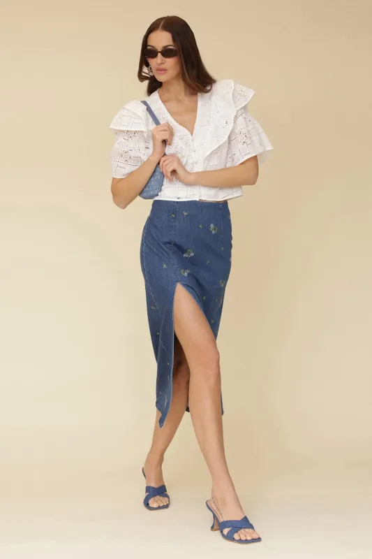 Embroidered Denim Pencil Skirt sold by Avec Les Filles