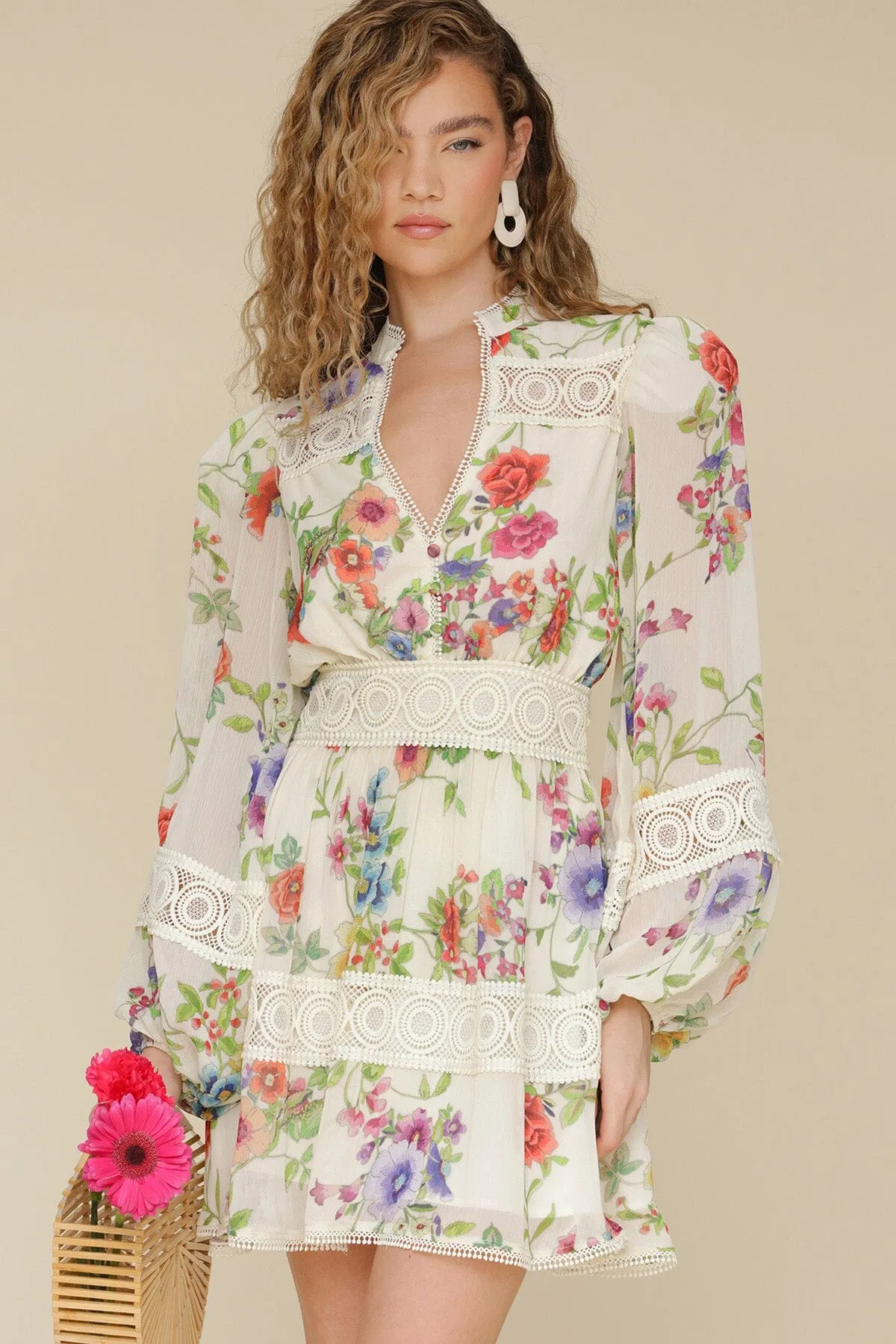 Floral Chiffon Lace Trim Mini Dress sold by Avec Les Filles